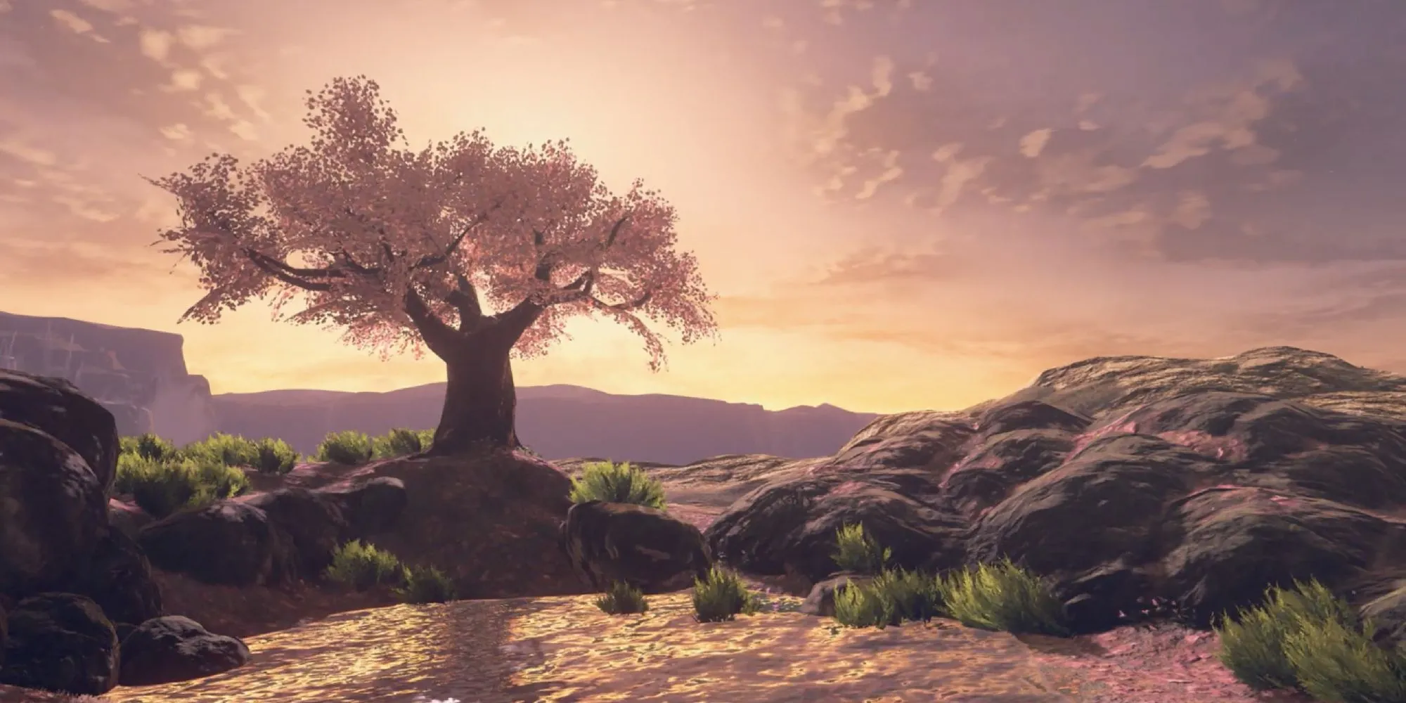 Núi Satori với cây hoa anh đào bên hồ lúc hoàng hôn trong The Legend of Zelda: Breath of the Wild