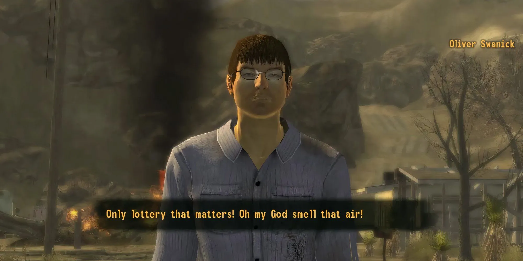 Oliver Swanick từ Fallout New Vegas đứng ngoài thành phố Nipton