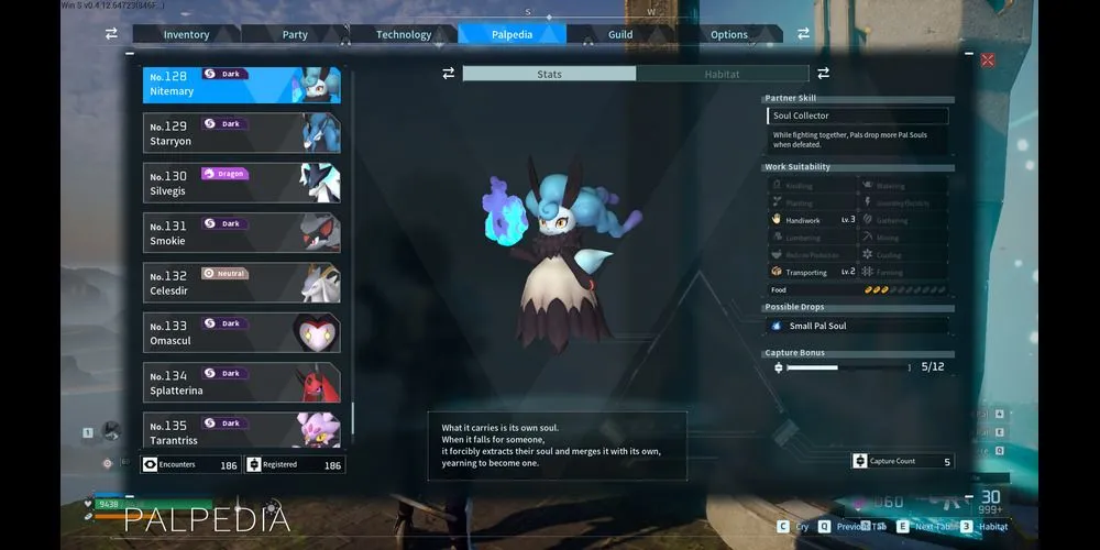 Pal Nitemary trong Palworld, có kỹ năng Soul Collector giúp tăng lượng Pal Soul nhận được.