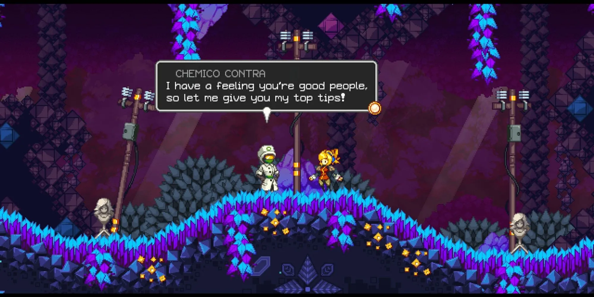 Phân cảnh gameplay 2D với đồ họa pixel art đẹp mắt trong game platformer Metroidvania Iconoclasts do Joakim Sandberg (Konjak) phát triển