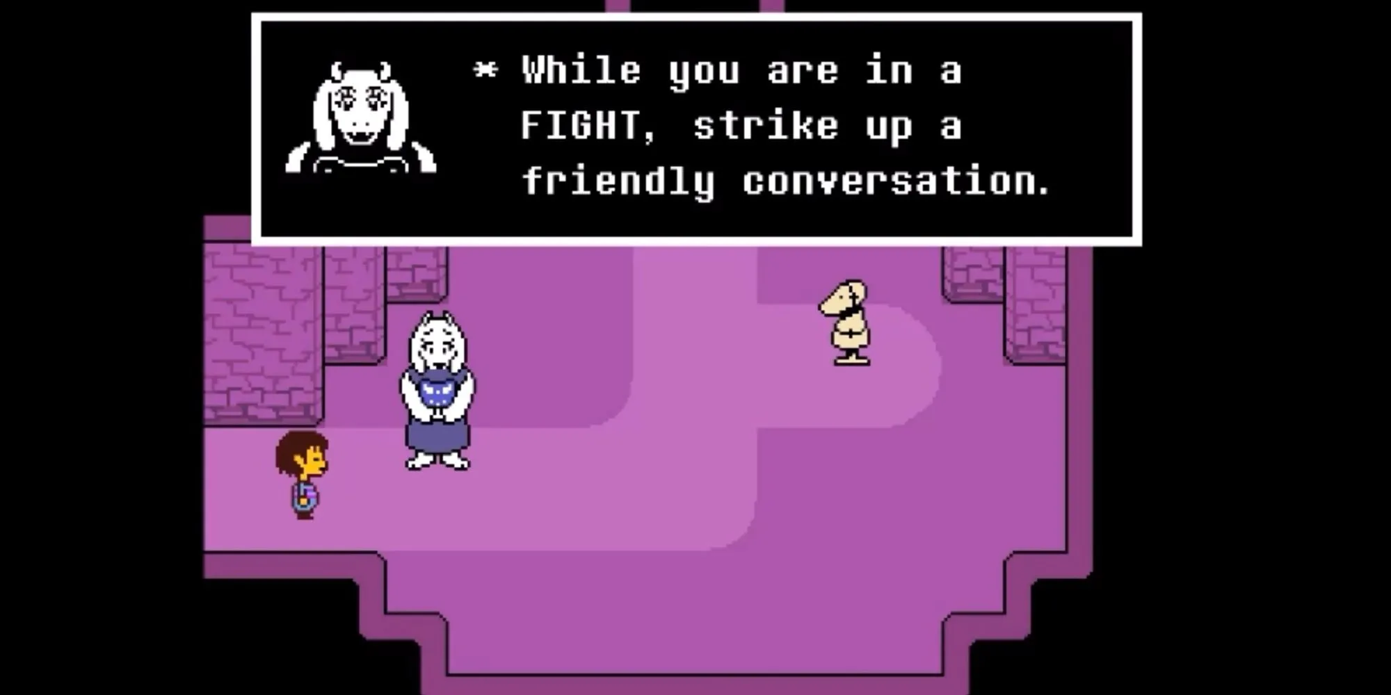 Phân cảnh hướng dẫn nhân vật bởi Toriel, một trong nhiều khoảnh khắc đáng nhớ của game RPG indie Undertale do Toby Fox thực hiện