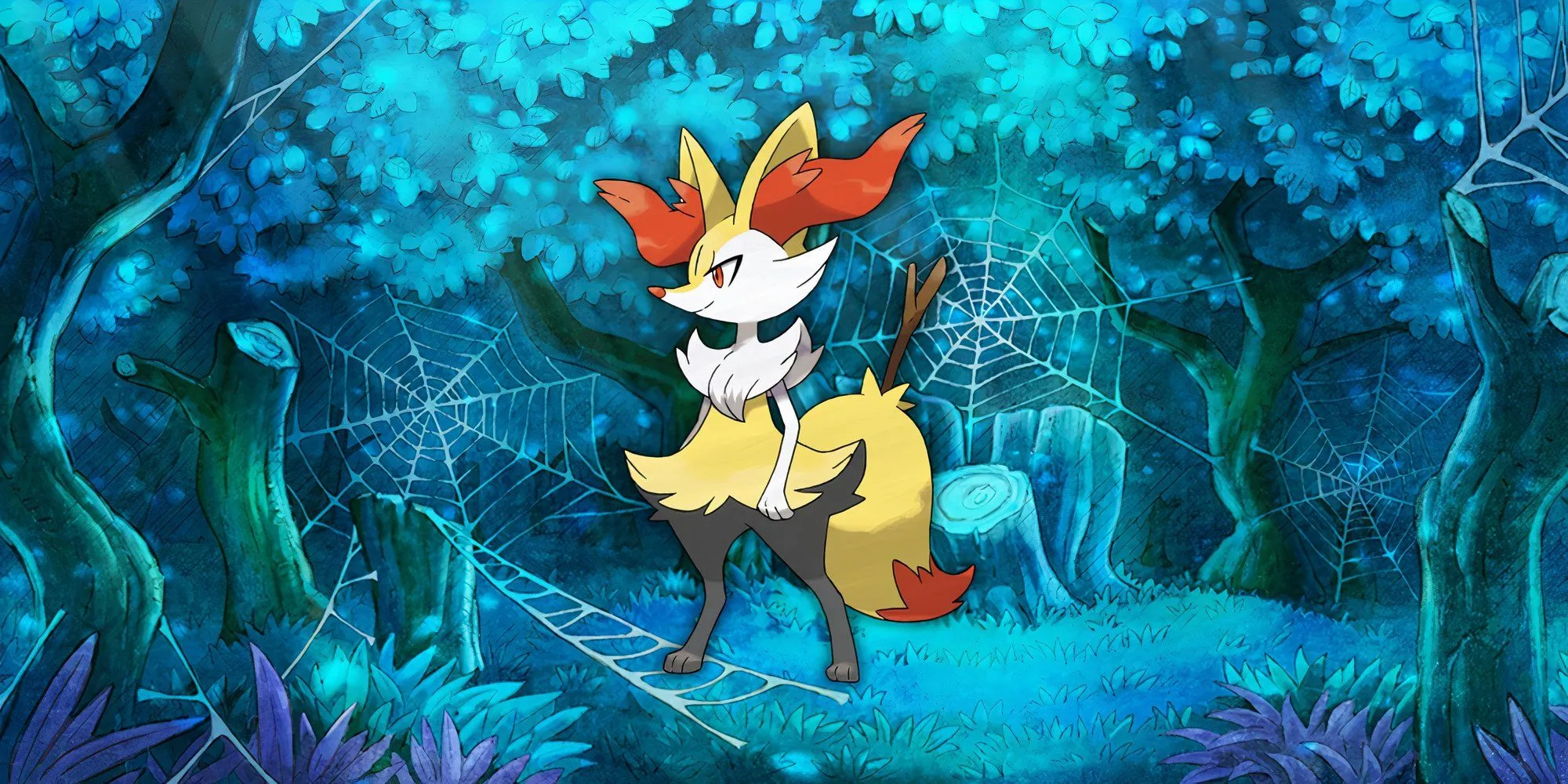 Pokemon Braixen, hình thái tiến hóa giữa của Fennekin, đứng trên hai chân, cầm một cành cây làm đũa phép ở đuôi