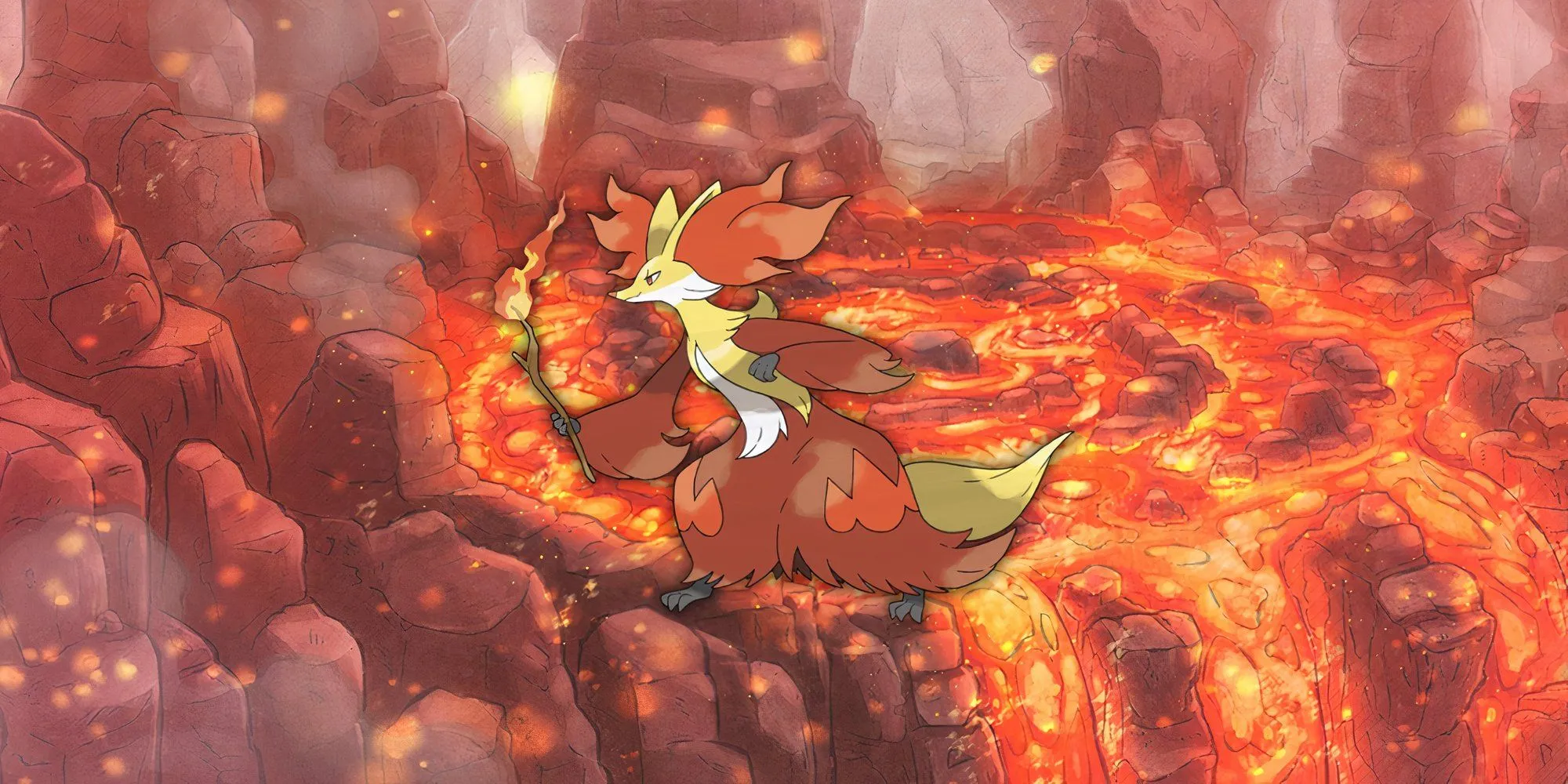 Pokemon Delphox, hình thái tiến hóa cuối của Fennekin, đứng thẳng, mặc áo choàng đỏ và cầm đũa phép cháy rực