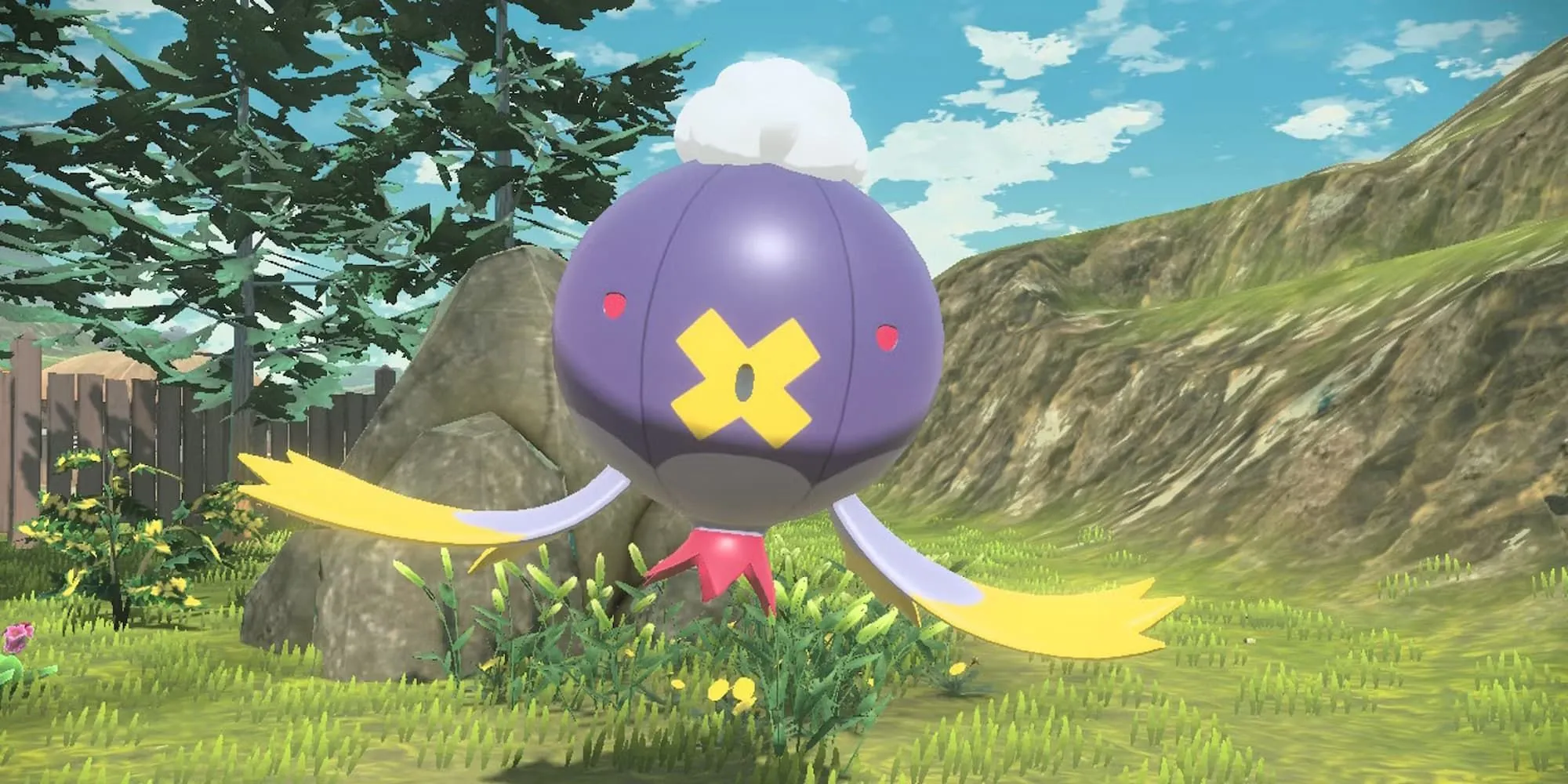 Pokémon Drifblim lơ lửng gần cây trong khu vực Hisui