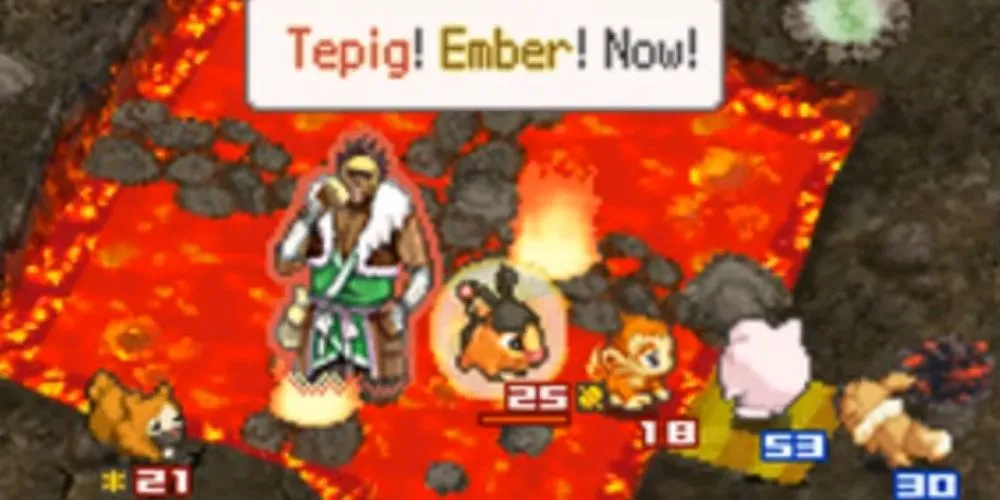 Pokemon Tepig sử dụng chiêu Ember trong game chiến thuật Pokemon Conquest