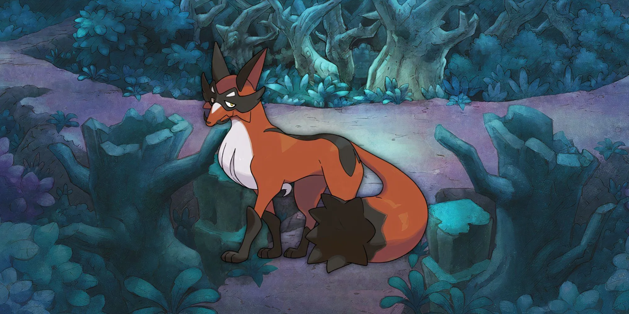 Pokemon Thievul hệ Bóng Tối, đứng trên hai chân, đeo mặt nạ đen và áo choàng đỏ
