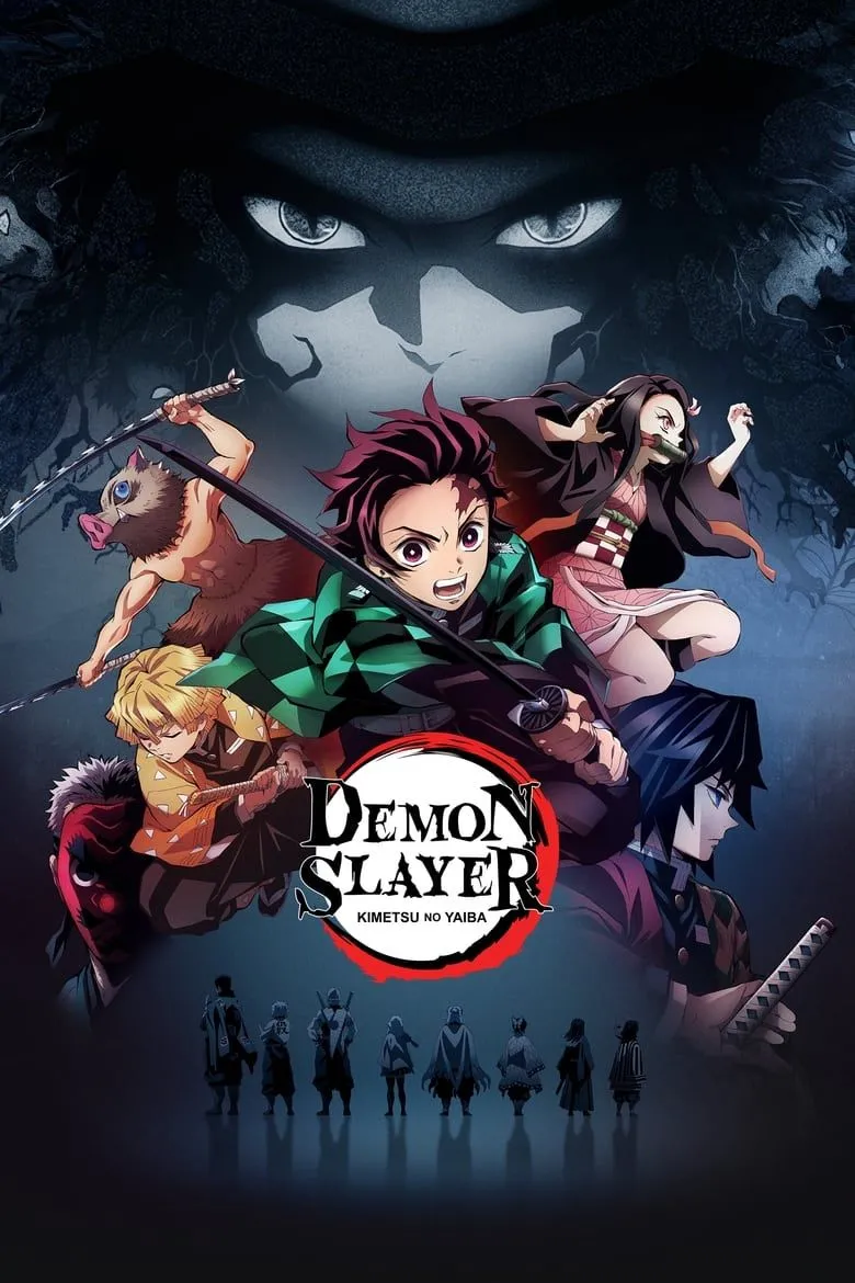 Poster anime Demon Slayer: Kimetsu no Yaiba với các nhân vật chính đối mặt với nguy hiểm.