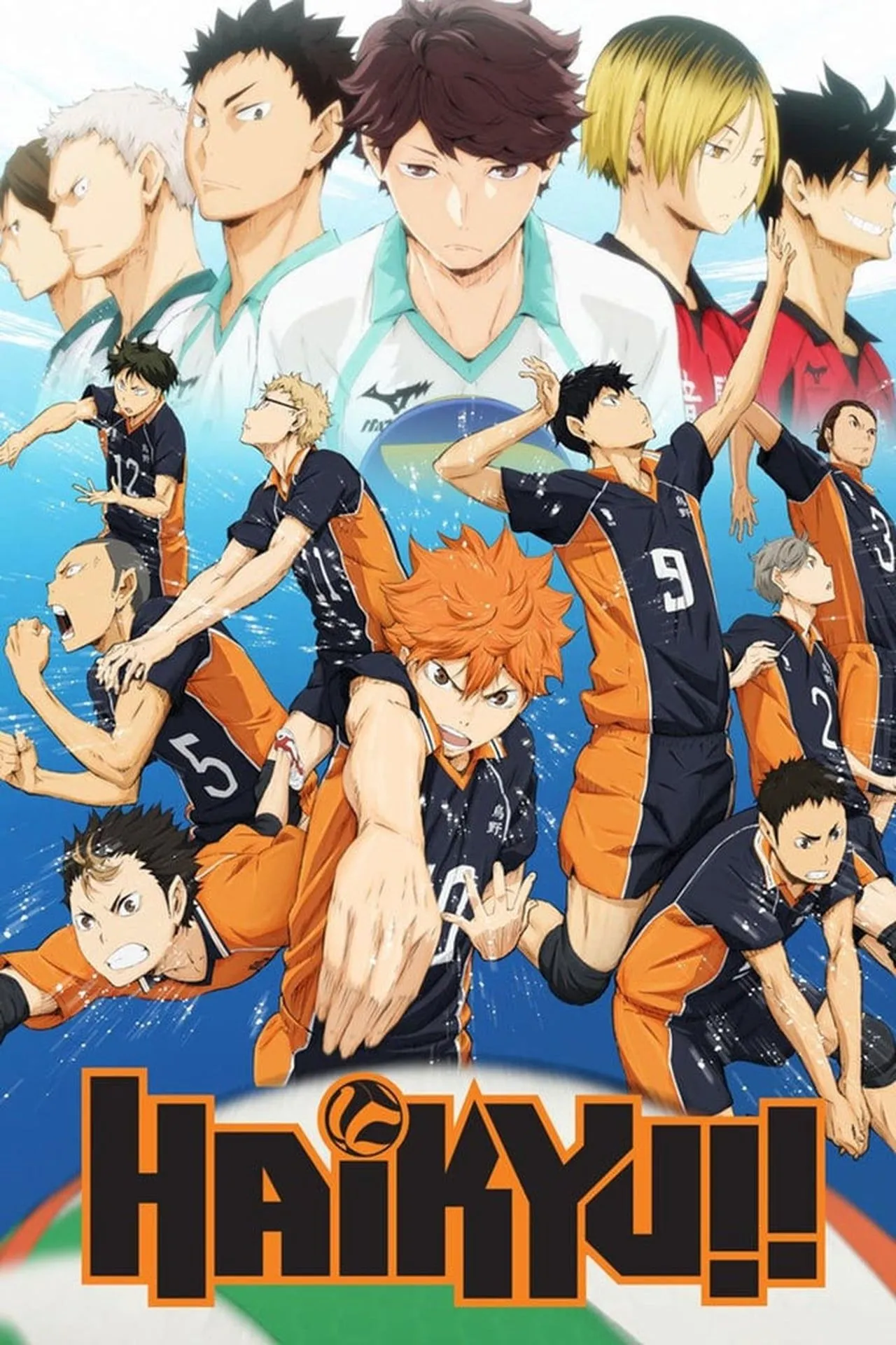 Poster anime Haikyuu!! với đội bóng chuyền Karasuno đầy năng lượng.