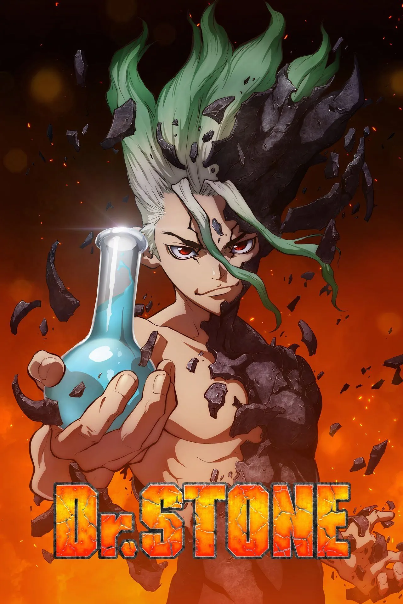 Poster chính thức của anime Dr. Stone với nhân vật Senku và các phát minh khoa học.