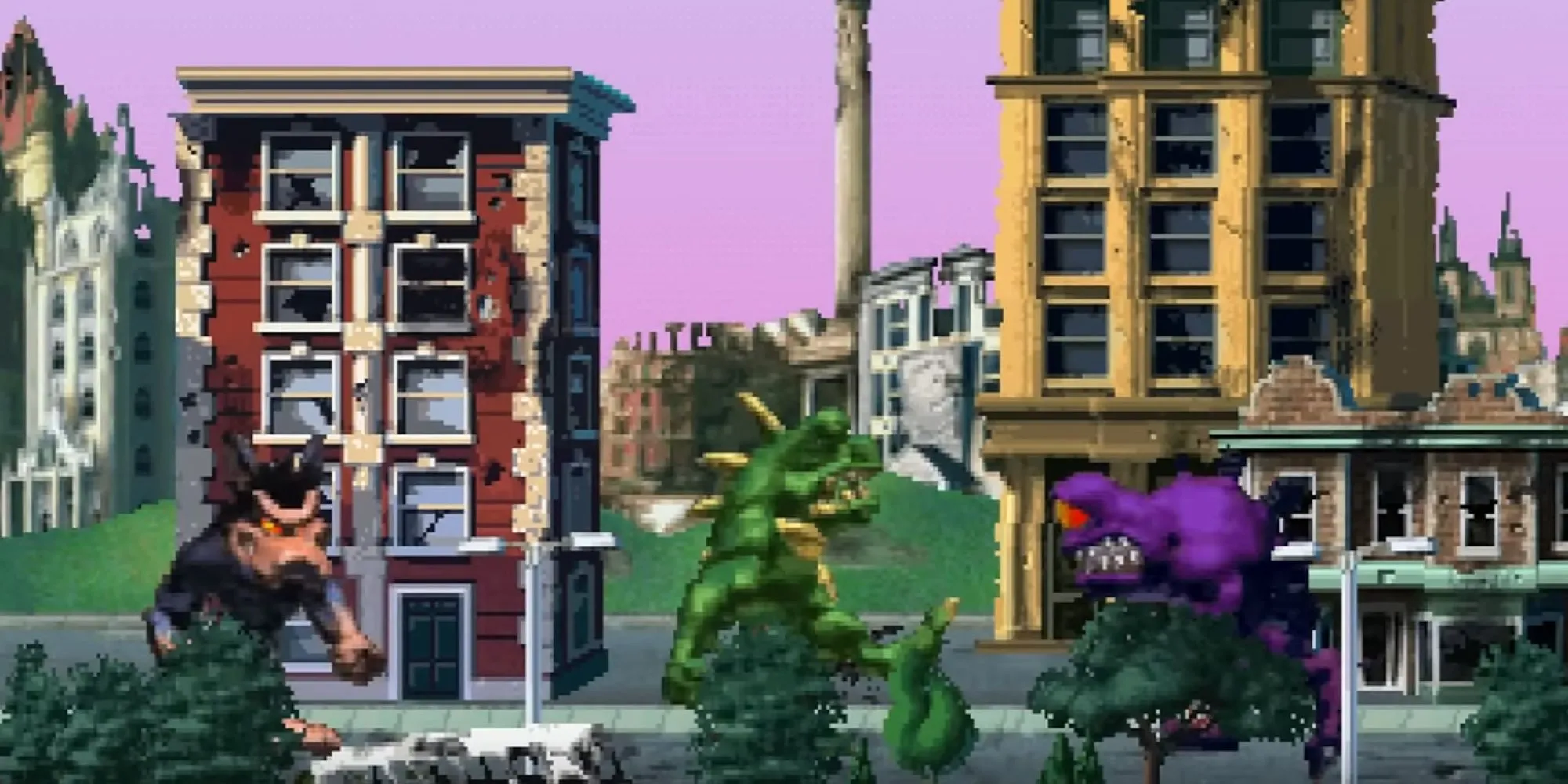 Quái vật khổng lồ George đang phá hủy một thành phố tương lai trong tựa game Rampage Through Time.