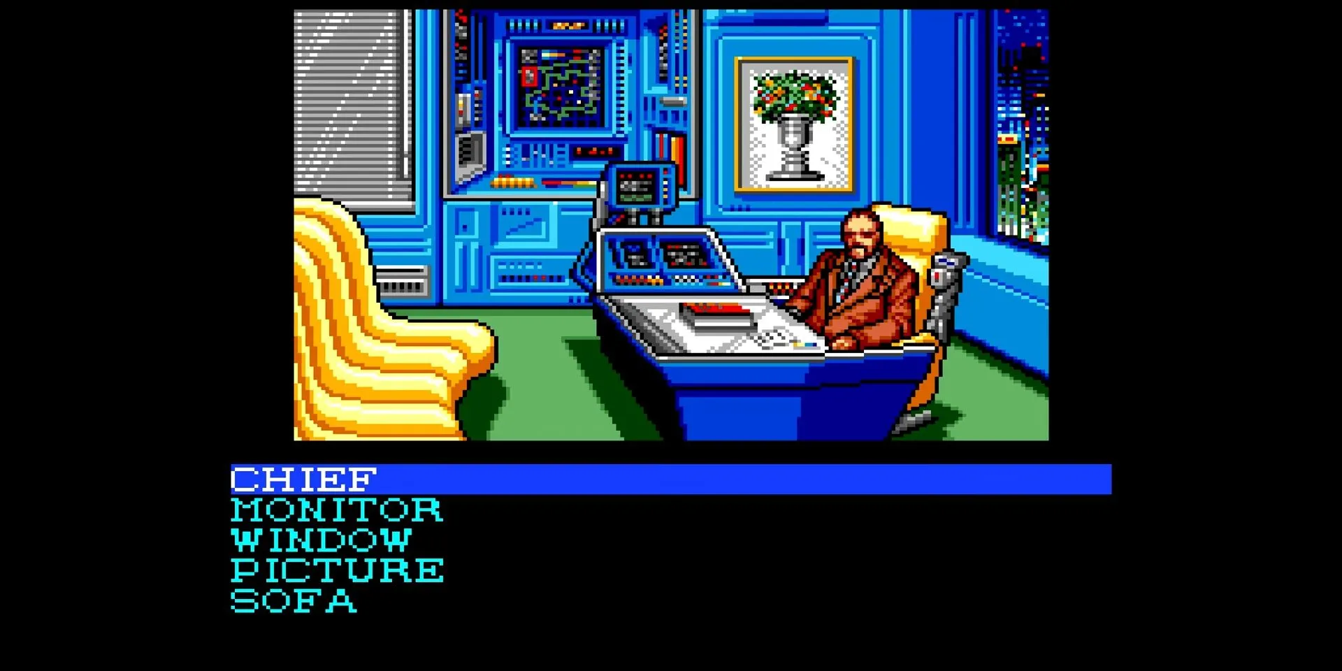 Quan sát một văn phòng trong game visual novel cyberpunk Snatcher của Hideo Kojima