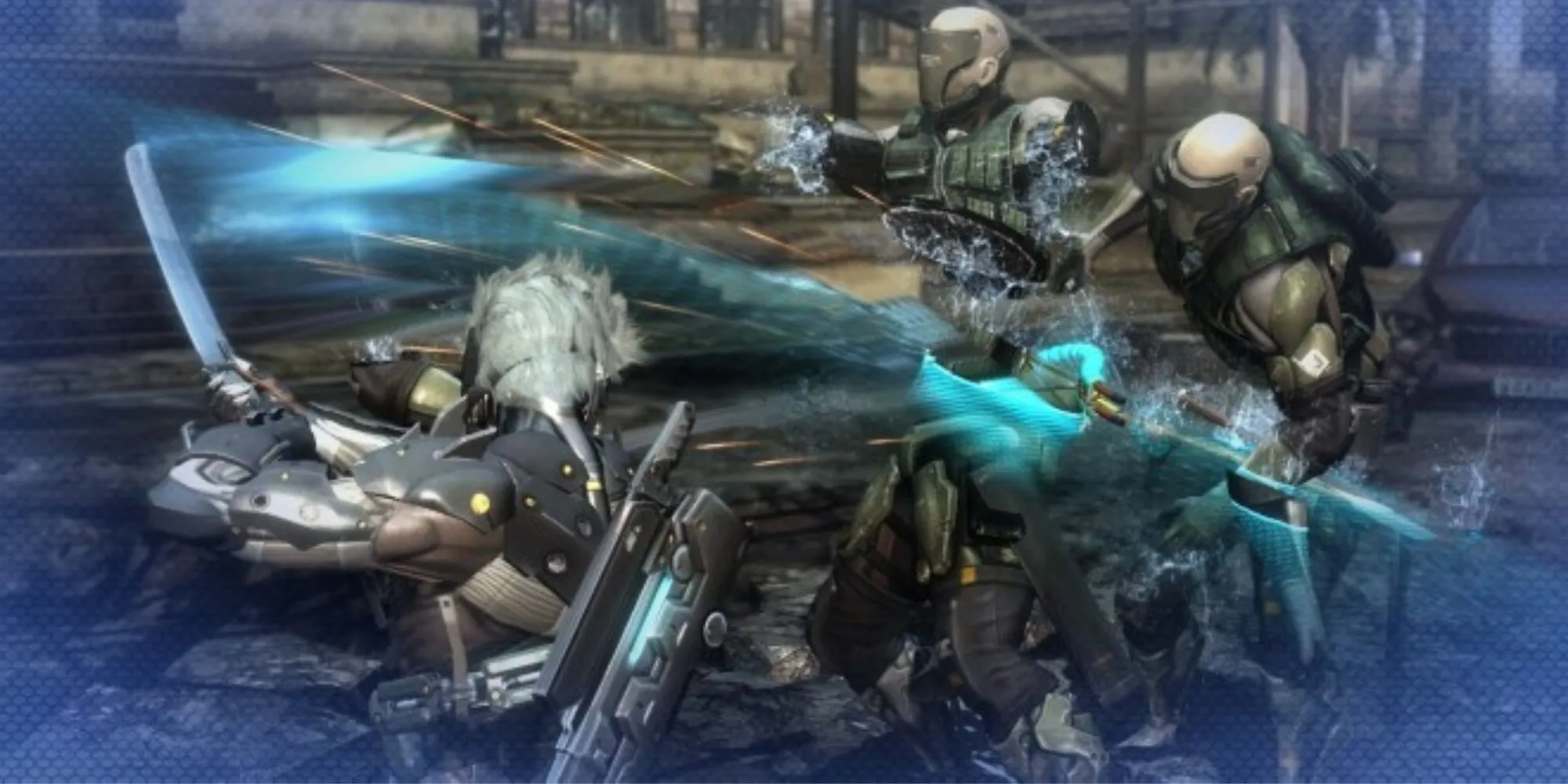 Raiden, nhân vật chính của Metal Gear Rising Revengeance, đang chặt đôi một kẻ địch cyborg bằng kiếm