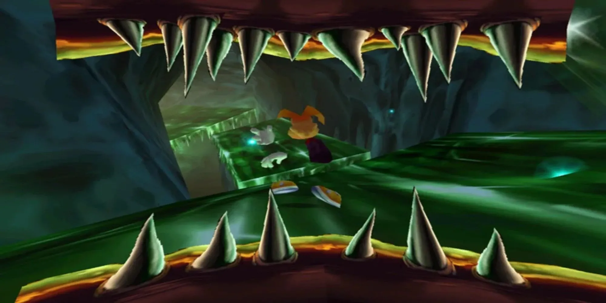 Rayman đang nhảy và tấn công trong môi trường 3D đẹp mắt của Rayman 2 trên PS1