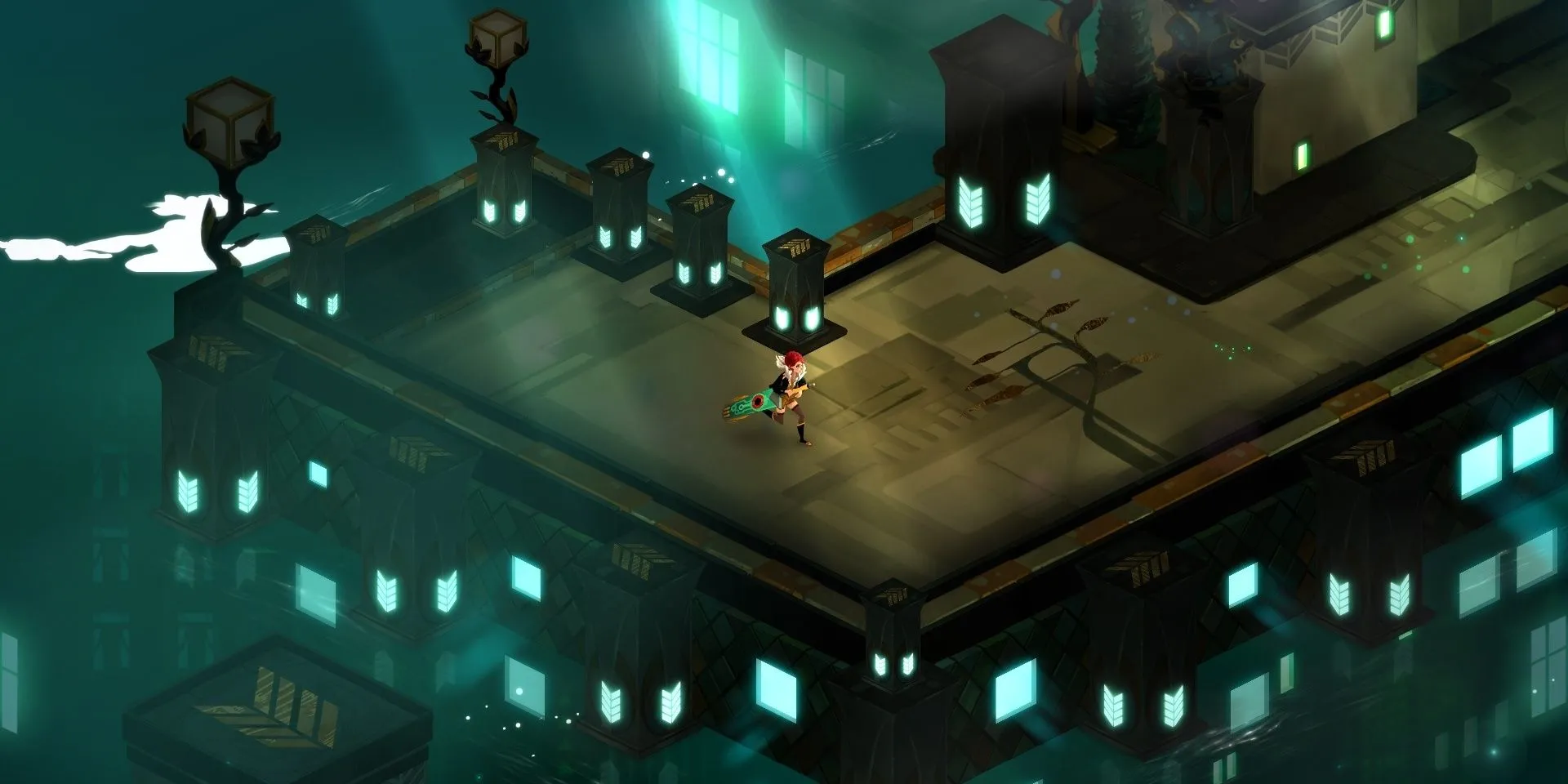 Red khám phá thành phố Cloudbank trong game Transistor