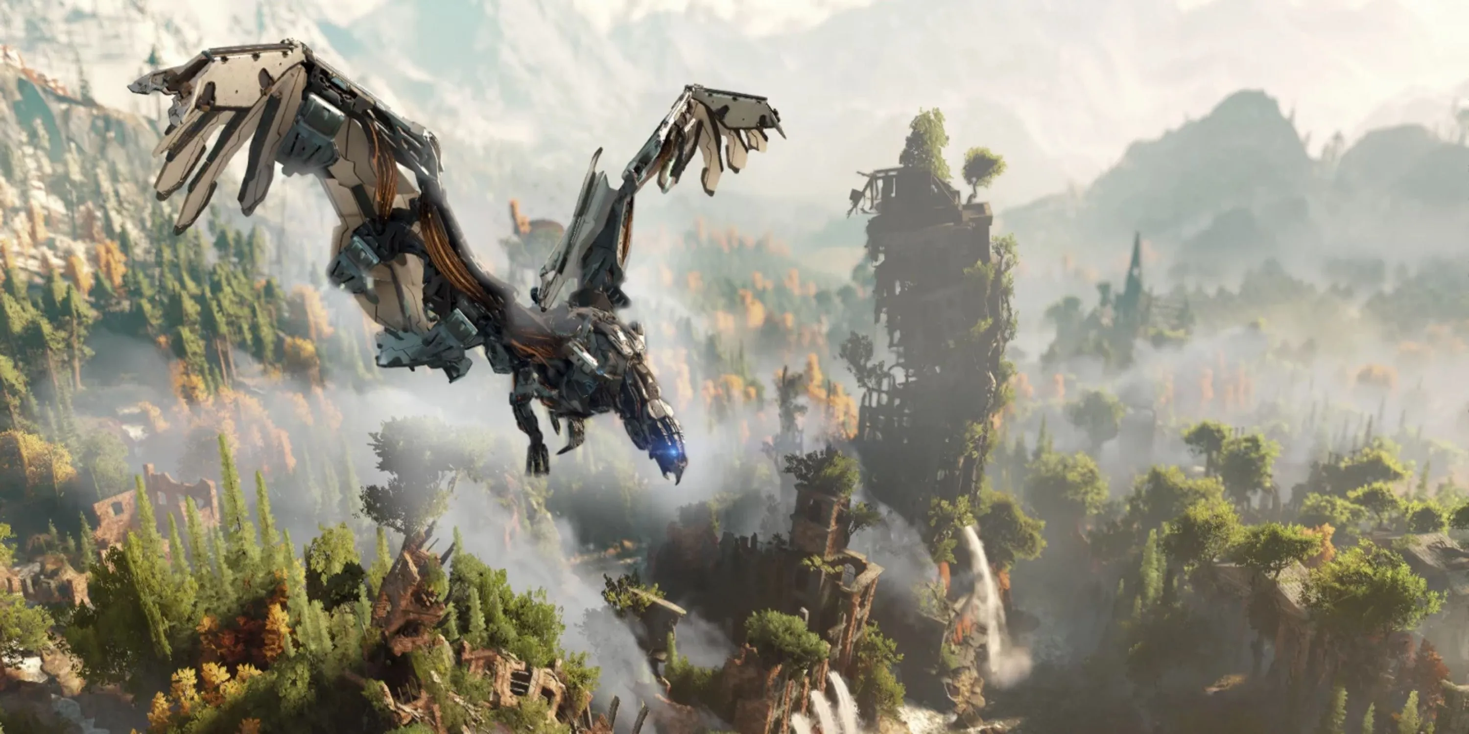 Robot khủng long vượt qua rừng cây trong game Horizon Zero Dawn