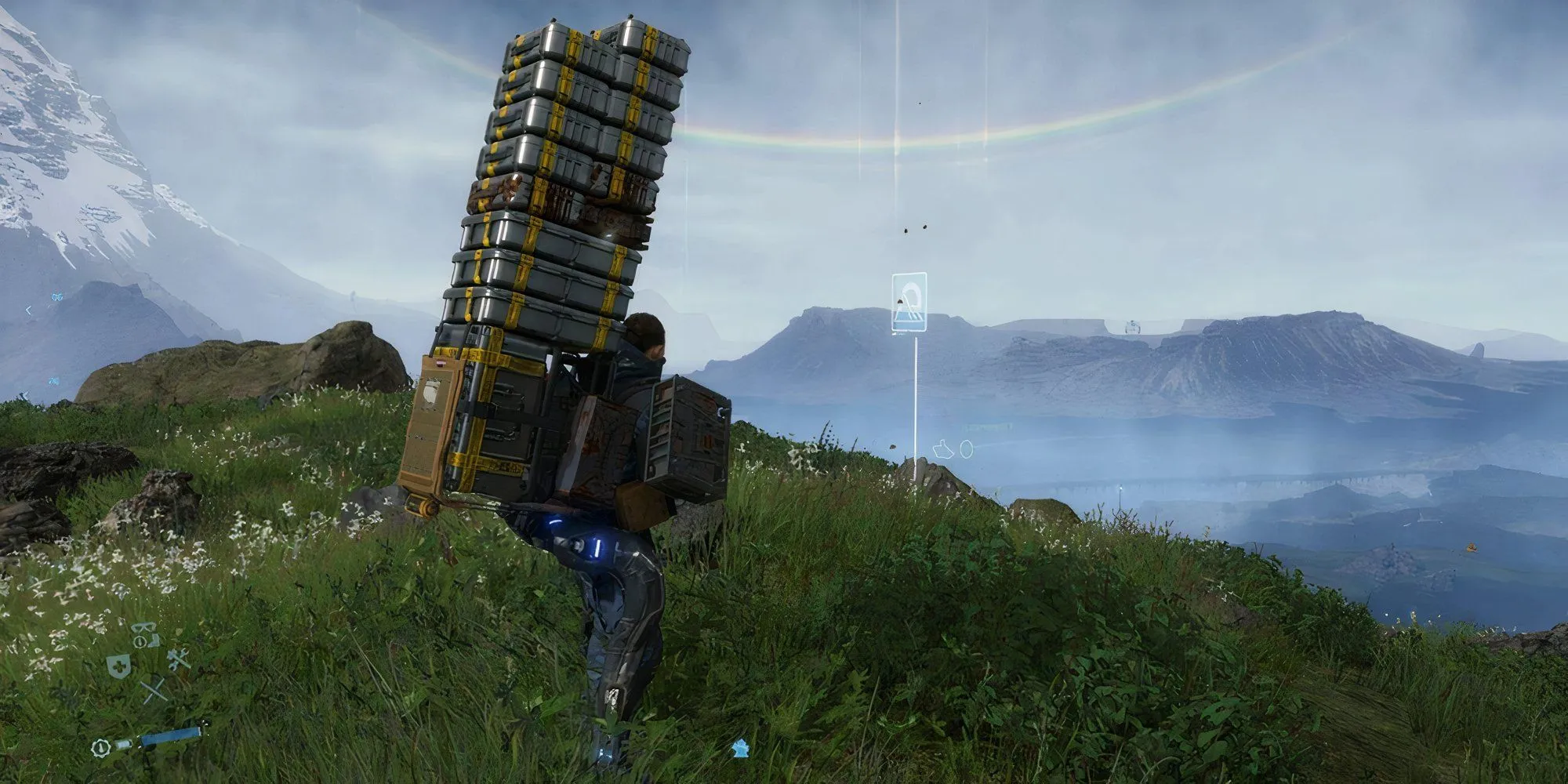 Sam Bridges cõng hộp hàng trong Death Stranding