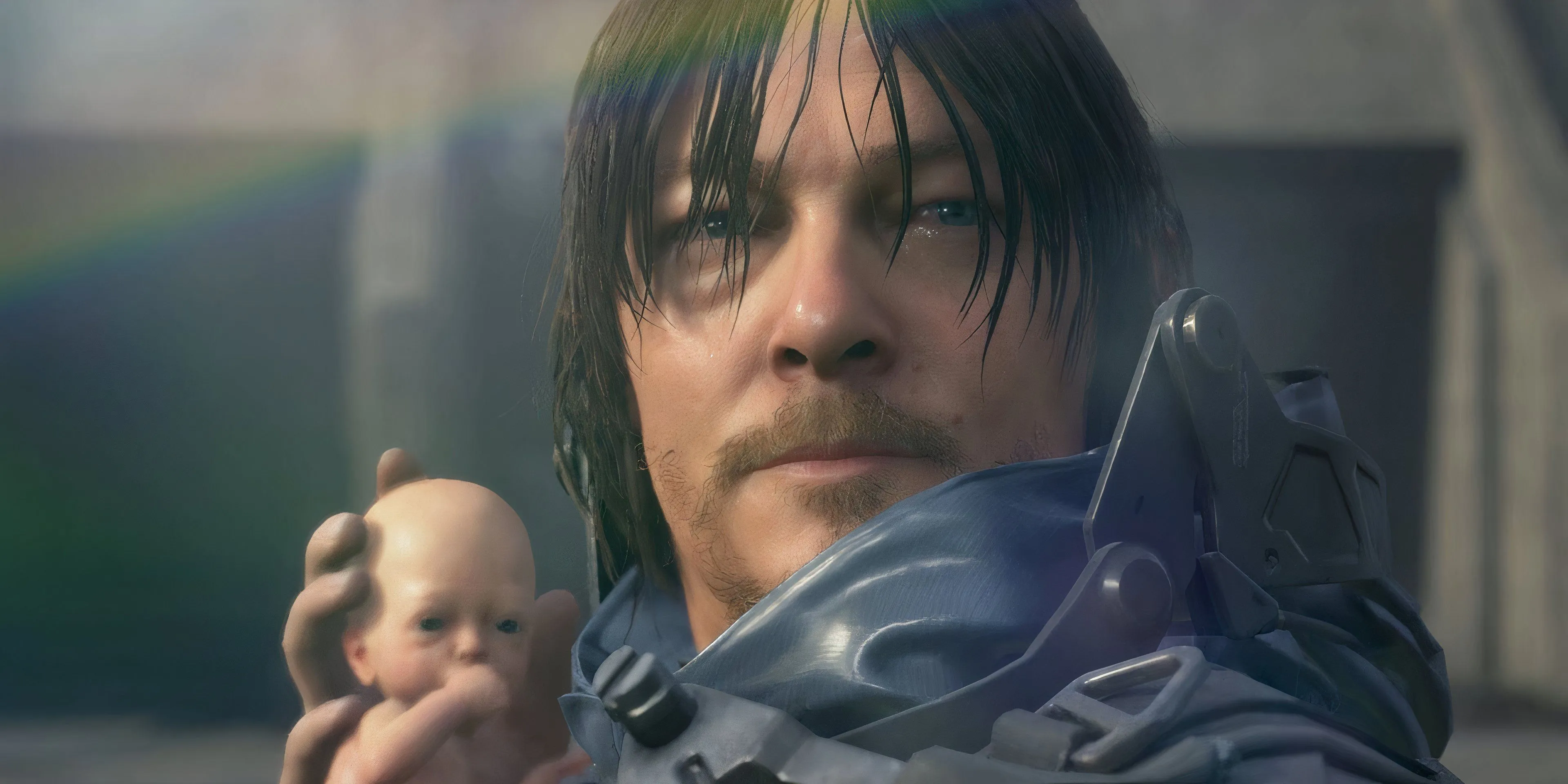 Sam Porter Bridges cùng BB di chuyển qua địa hình hiểm trở trong Death Stranding