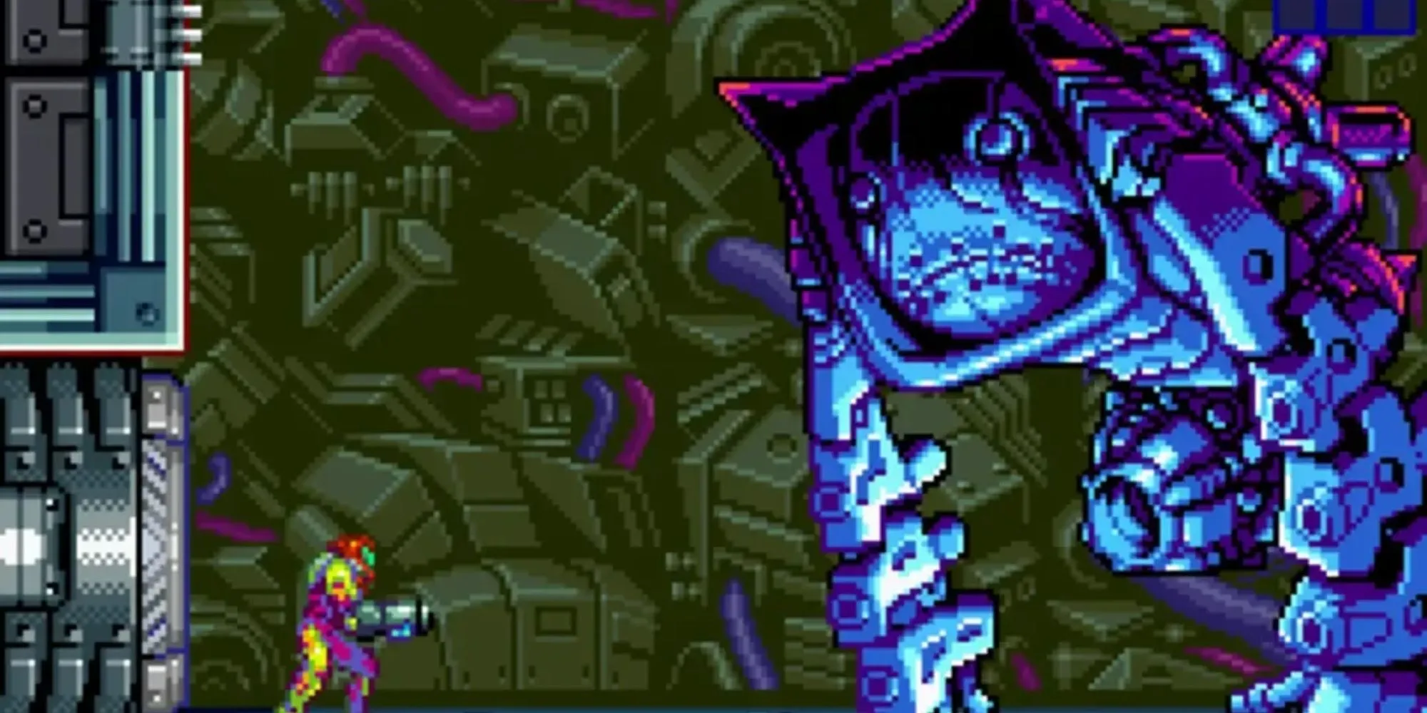 Samus Aran trong bộ giáp Fusion đối mặt với nguy hiểm trong Metroid Fusion GBA