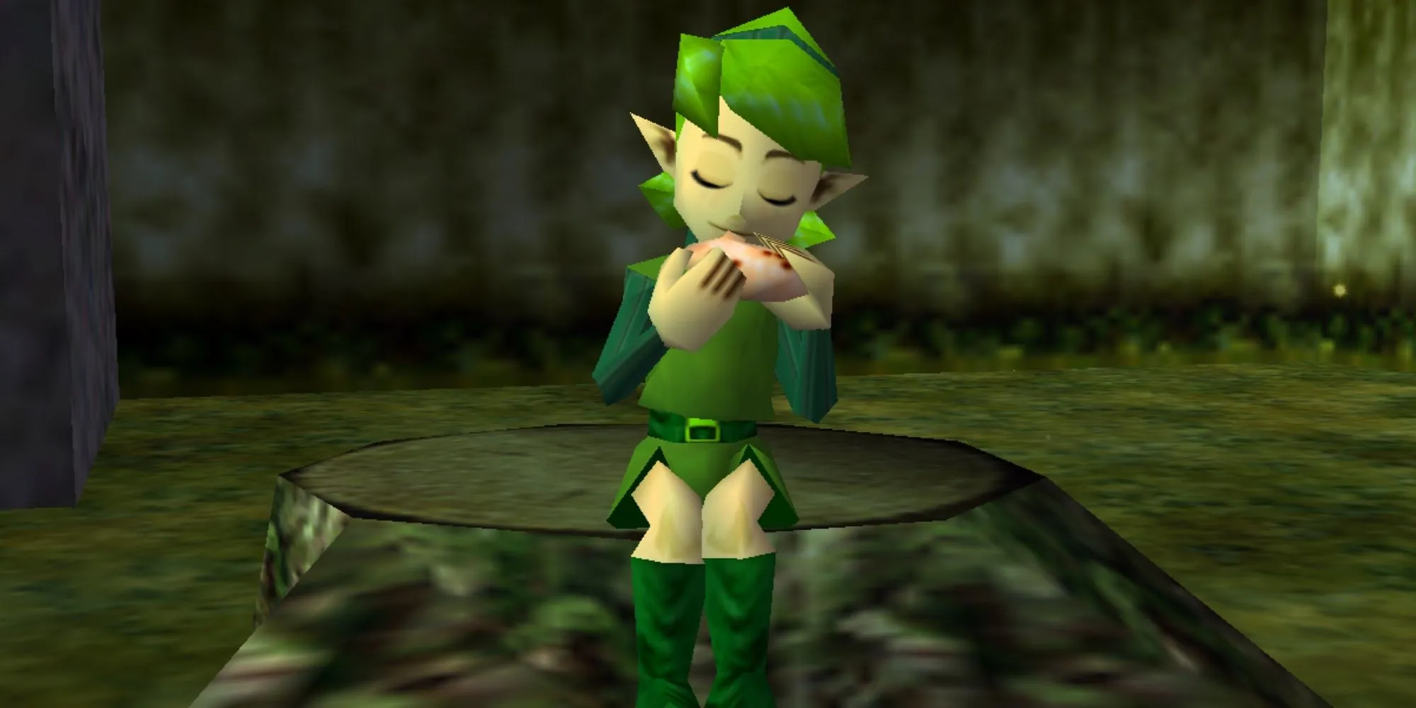Saria đang ngồi trên gốc cây chơi ocarina trong Legend of Zelda Ocarina of Time