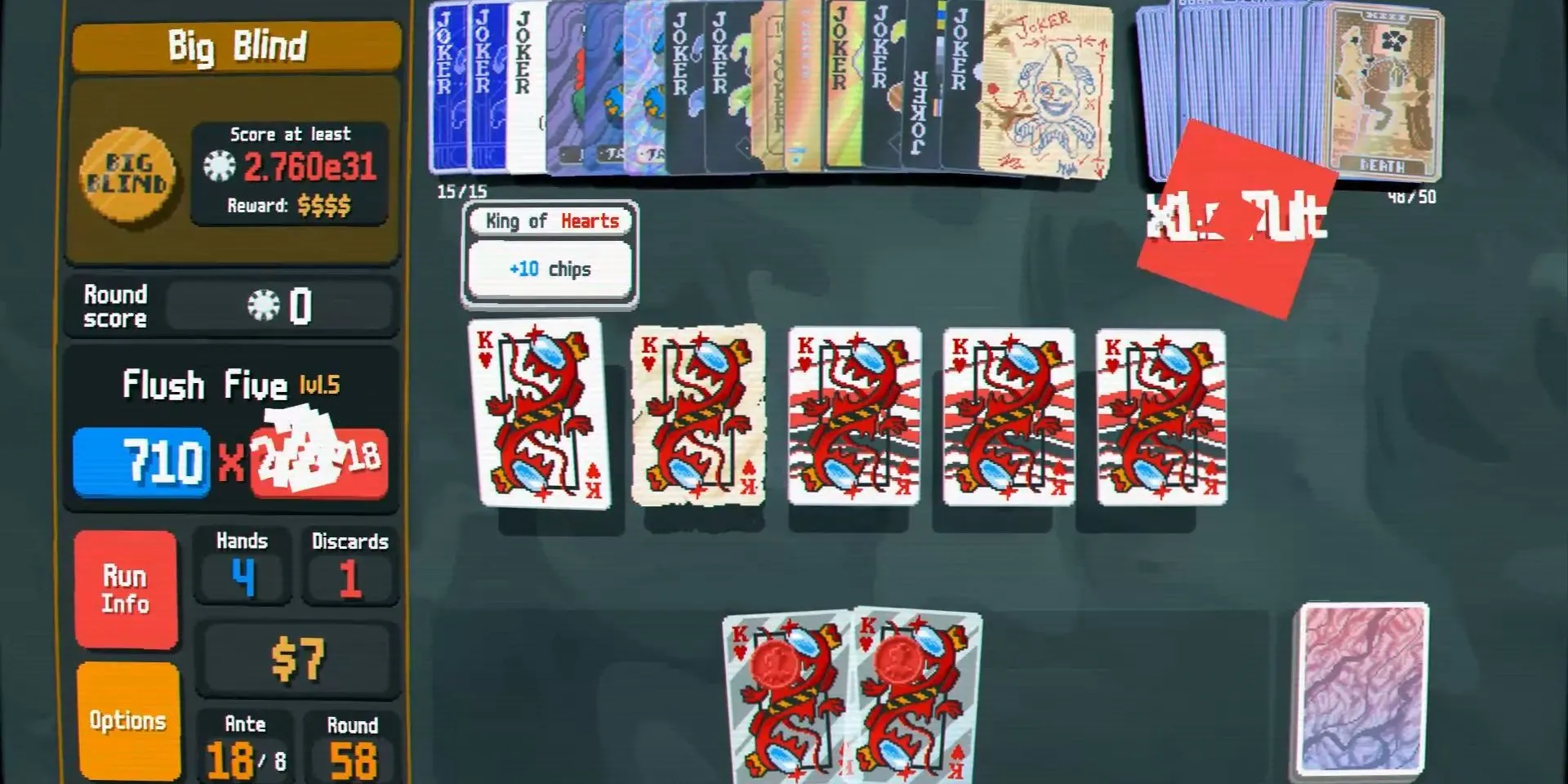 Screenshot Balatro trên seed Particle Accelerator (2K9H9HN) với Joker Perkeo