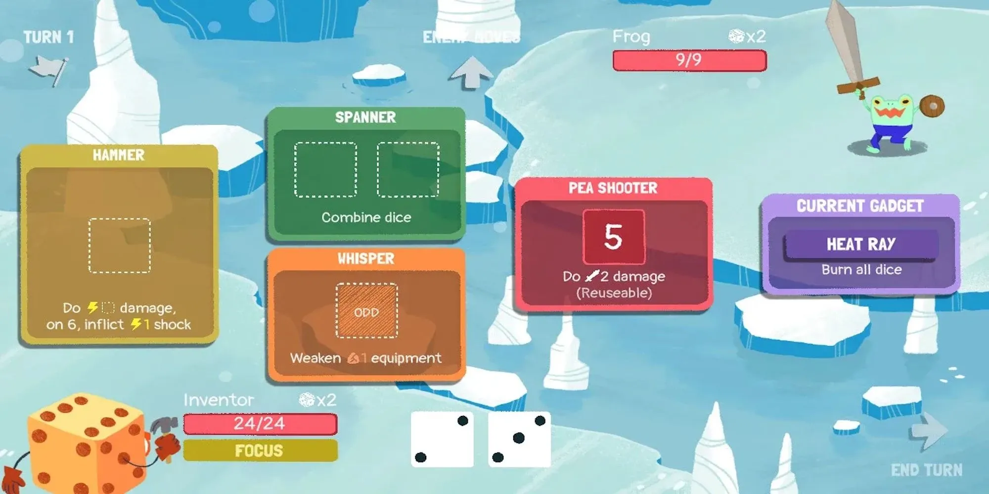 Screenshot Dicey Dungeons với giao diện chiến đấu theo lượt và các viên xúc xắc