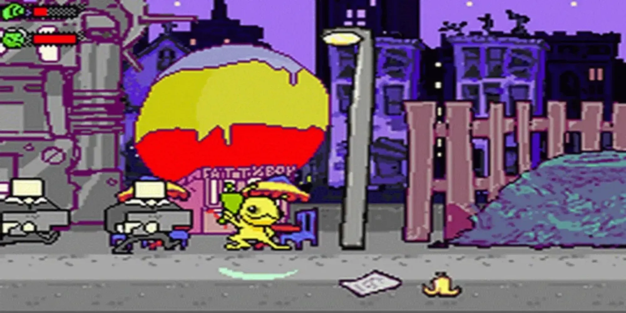 Screenshot gameplay Alien Hominid trên Game Boy Advance, nhân vật ngoài hành tinh bắn súng về phía kẻ địch