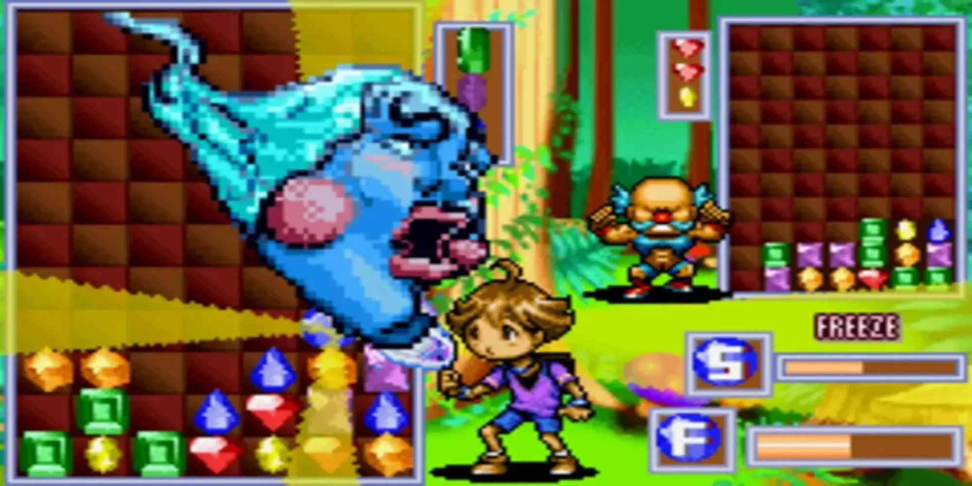 Screenshot gameplay Columns Crown trên GBA, các khối đá quý rơi xuống cần được sắp xếp theo màu sắc