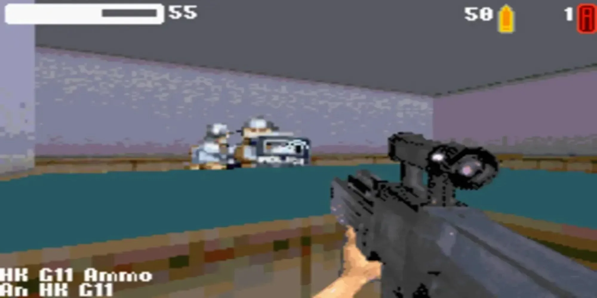 Screenshot gameplay Ecks vs Sever trên GBA, hiển thị góc nhìn thứ nhất của người chơi trong môi trường 3D