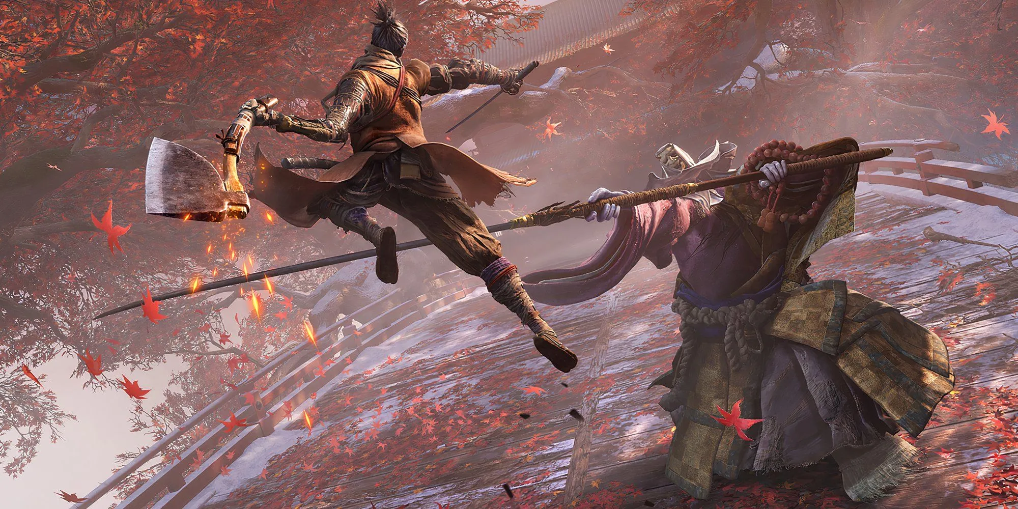 Sekiro chiến đấu với kẻ thù trong khung cảnh lá đỏ, tượng trưng cho những hy sinh trong game