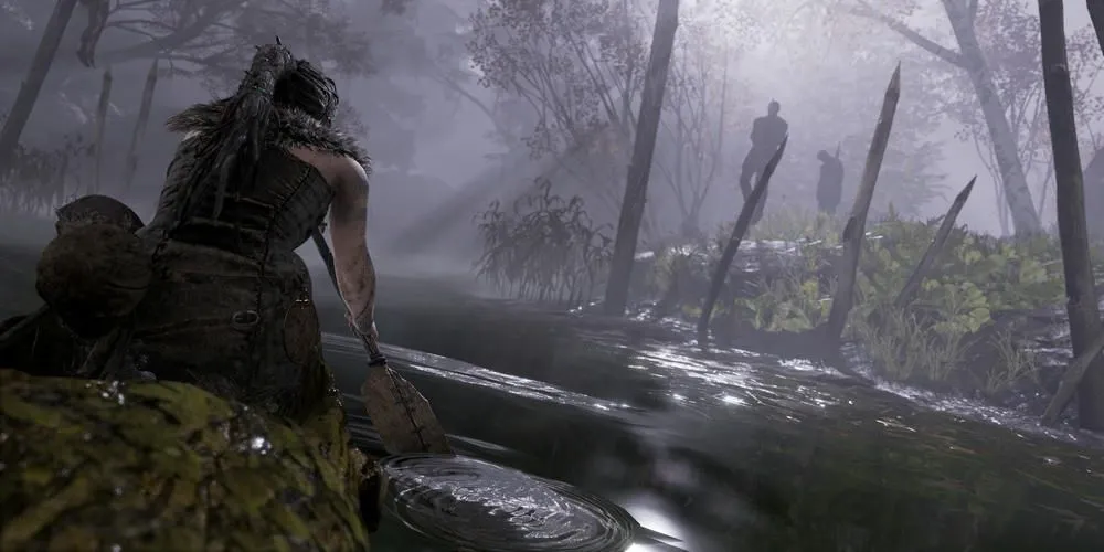 Senua chèo thuyền về phía những hình bóng bí ẩn trong Hellblade Senua's Sacrifice
