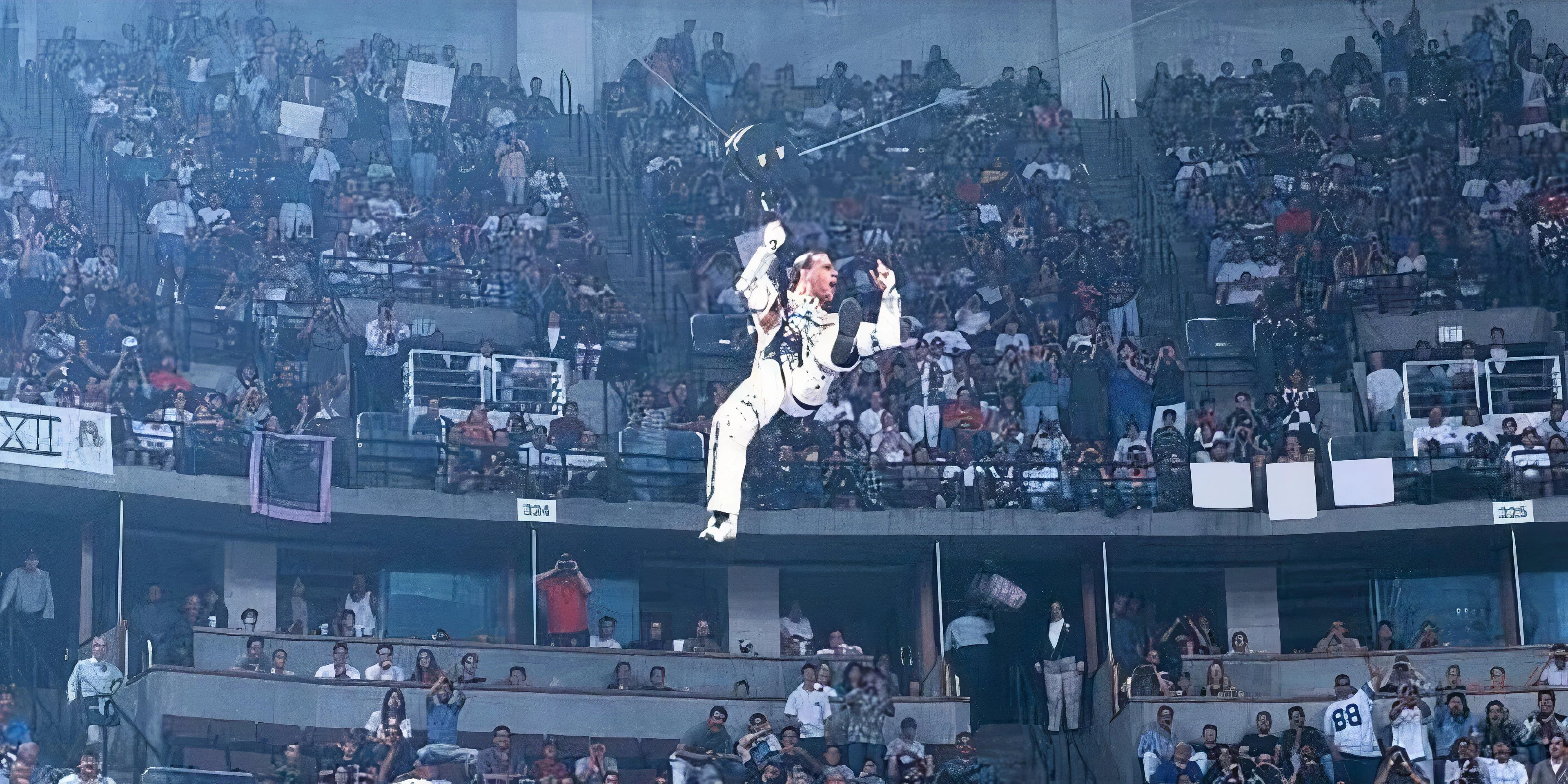 Shawn Michaels đang trượt dây từ trần nhà xuống sàn đấu WrestleMania 12