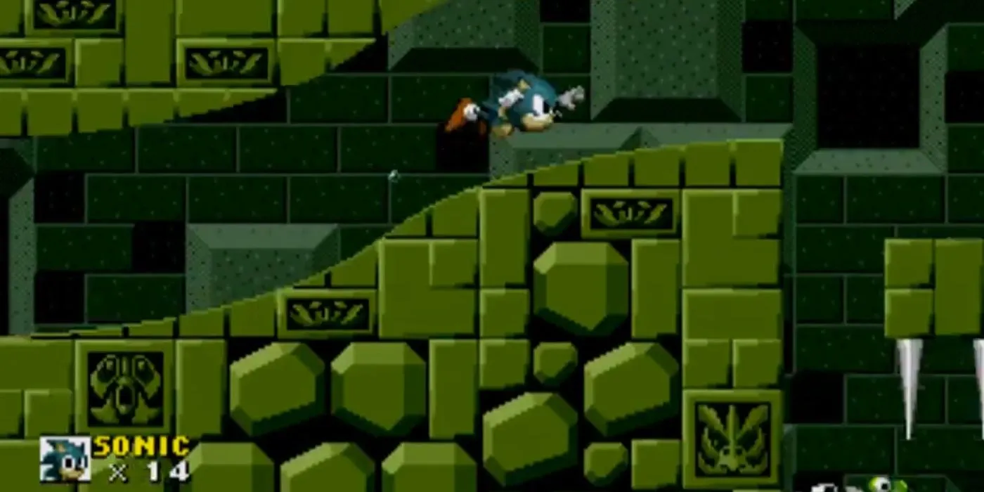 Sonic bị dòng nước cuốn đi trong Màn Labyrinth Zone của Sonic the Hedgehog