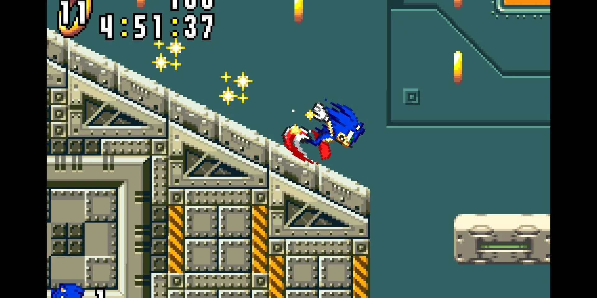 Sonic chạy tốc độ cao xuống dốc trong màn chơi Egg Rocket Zone của Sonic Advance