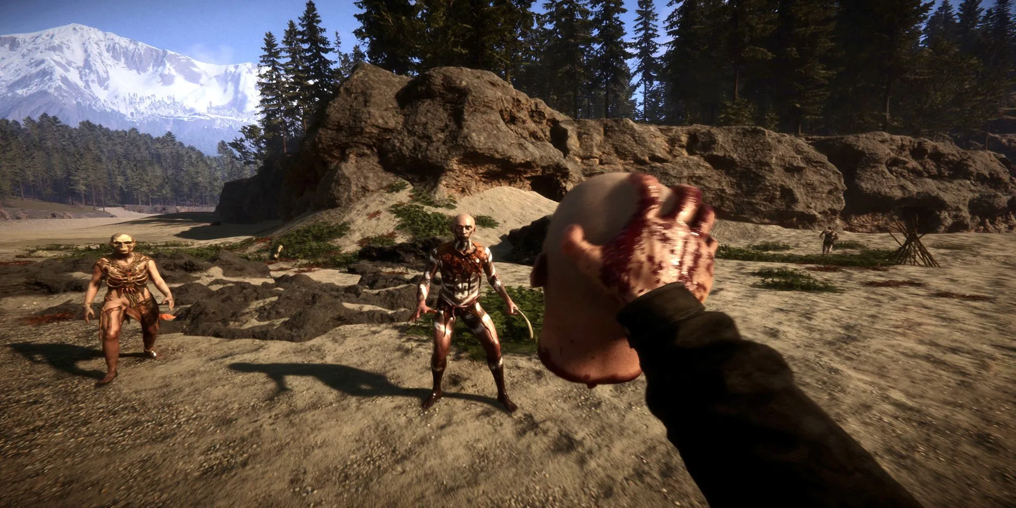 Sons of the Forest holding head in front of cannibals