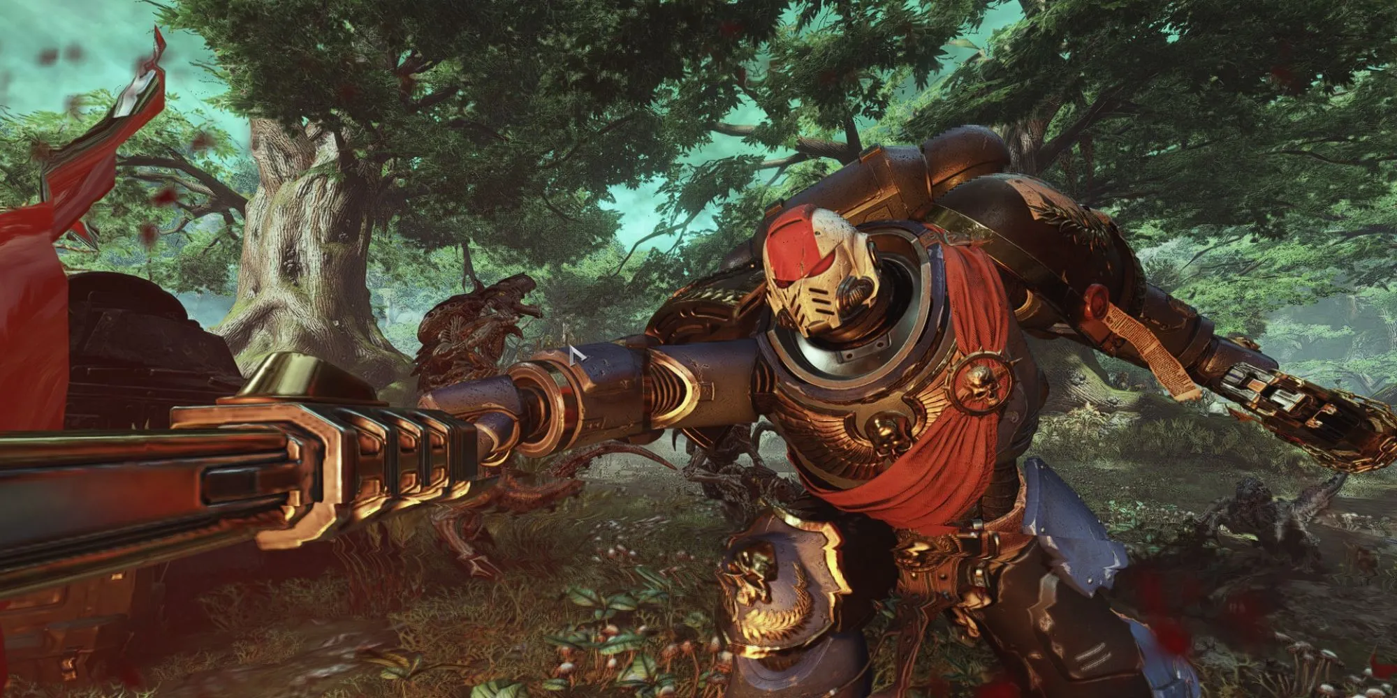 Space Marine sử dụng kiếm xích tiêu diệt đám đông Tyranid trong Warhammer 40000 Space Marine 2