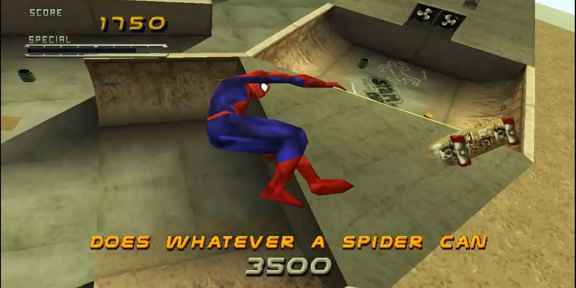 Spider-Man thực hiện động tác trượt ván trong Tony Hawk's Pro Skater 2