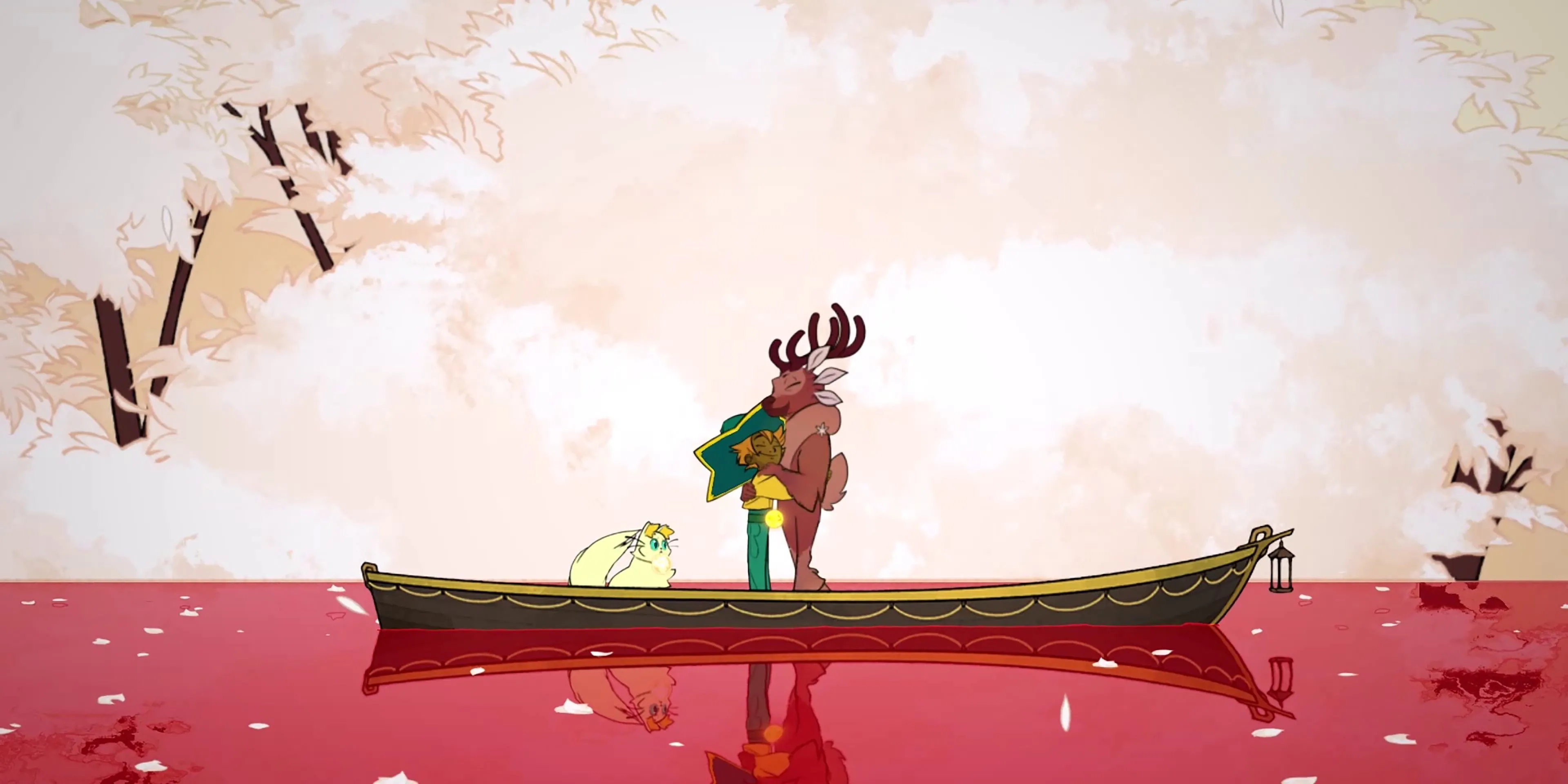 Stella ôm một linh hồn trên thuyền trong game Spiritfarer