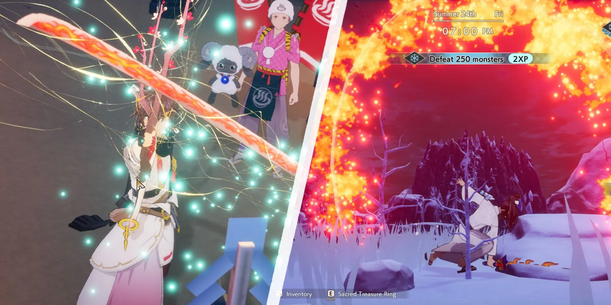Sử dụng Kiếm Thiêng (Sacred Sword) tấn công tạo hiệu ứng lửa trong Rune Factory: Guardians of Azuma