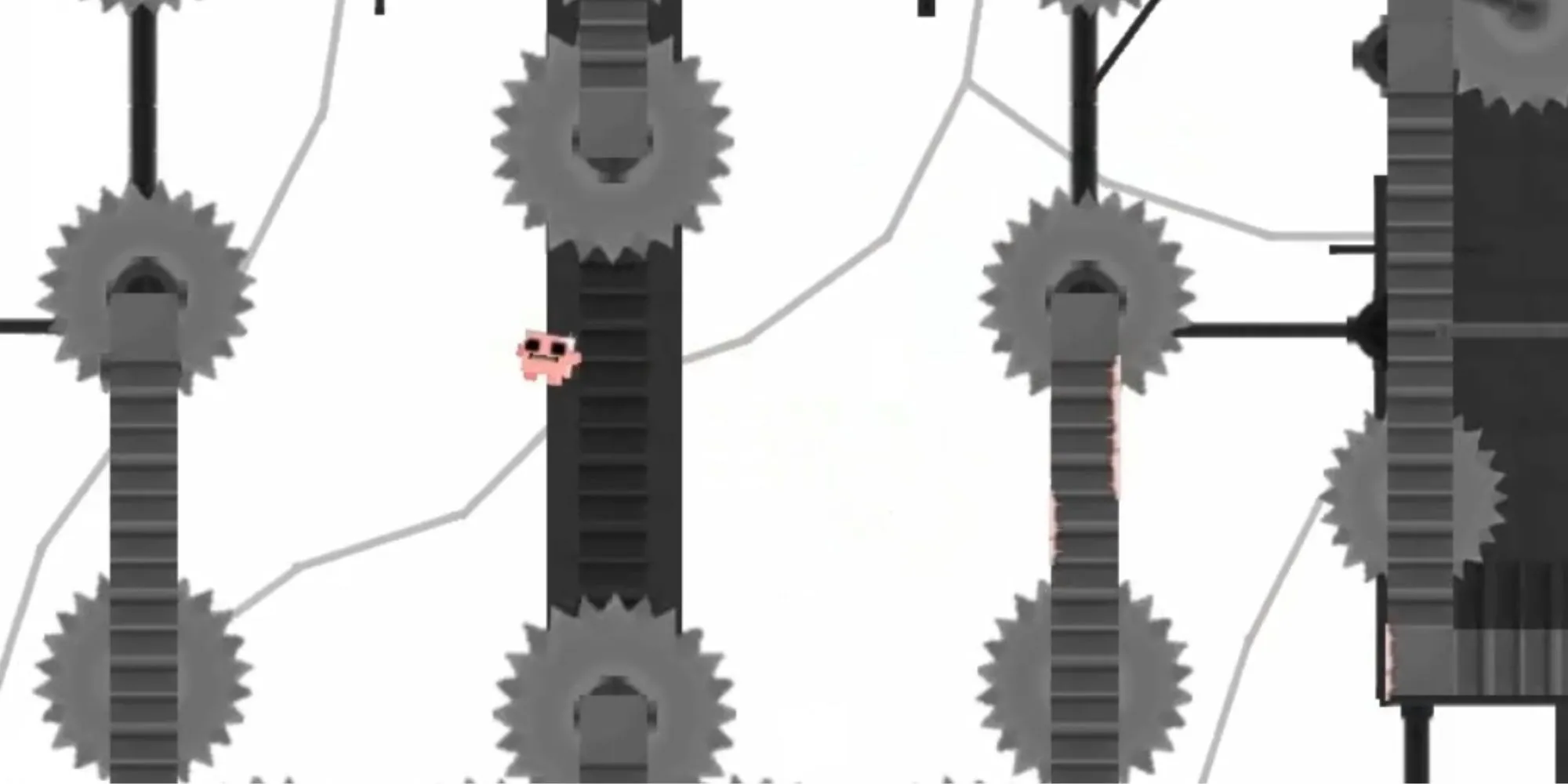 Super Meat Boy, nhân vật hình khối thịt màu đỏ, đang né tránh hàng loạt lưỡi cưa trong một màn chơi