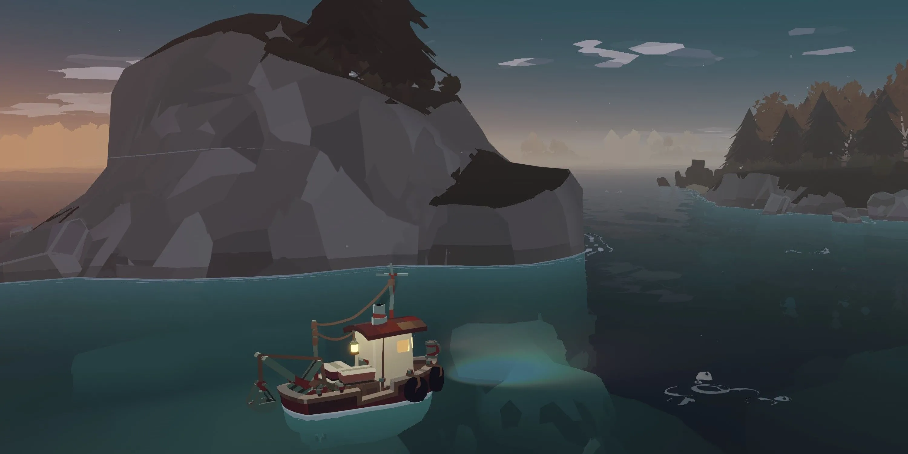 Tàu cá ra khơi lúc hoàng hôn trong game Dredge