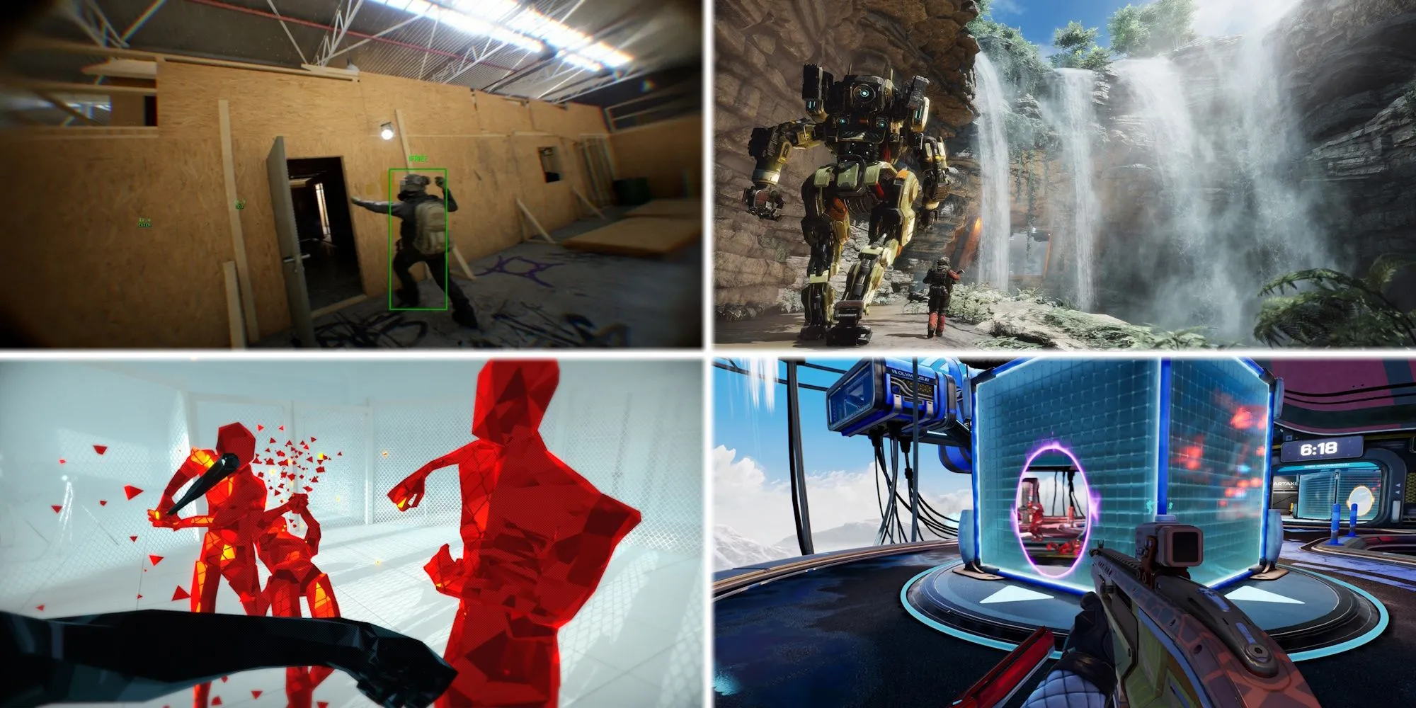 Thẻ tiêu đề giới thiệu các game FPS có cơ chế độc đáo như Bodycam, Titanfall, Superhot, và Splitgate, gợi ý các trải nghiệm bắn súng mới lạ.