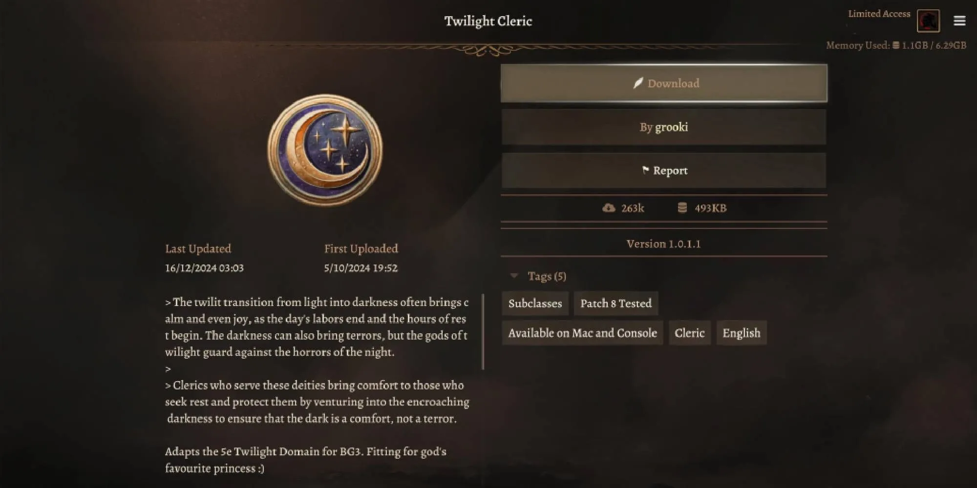 Thêm các phân lớp nhân vật mới như Twilight Cleric qua mod trong Baldur's Gate 3