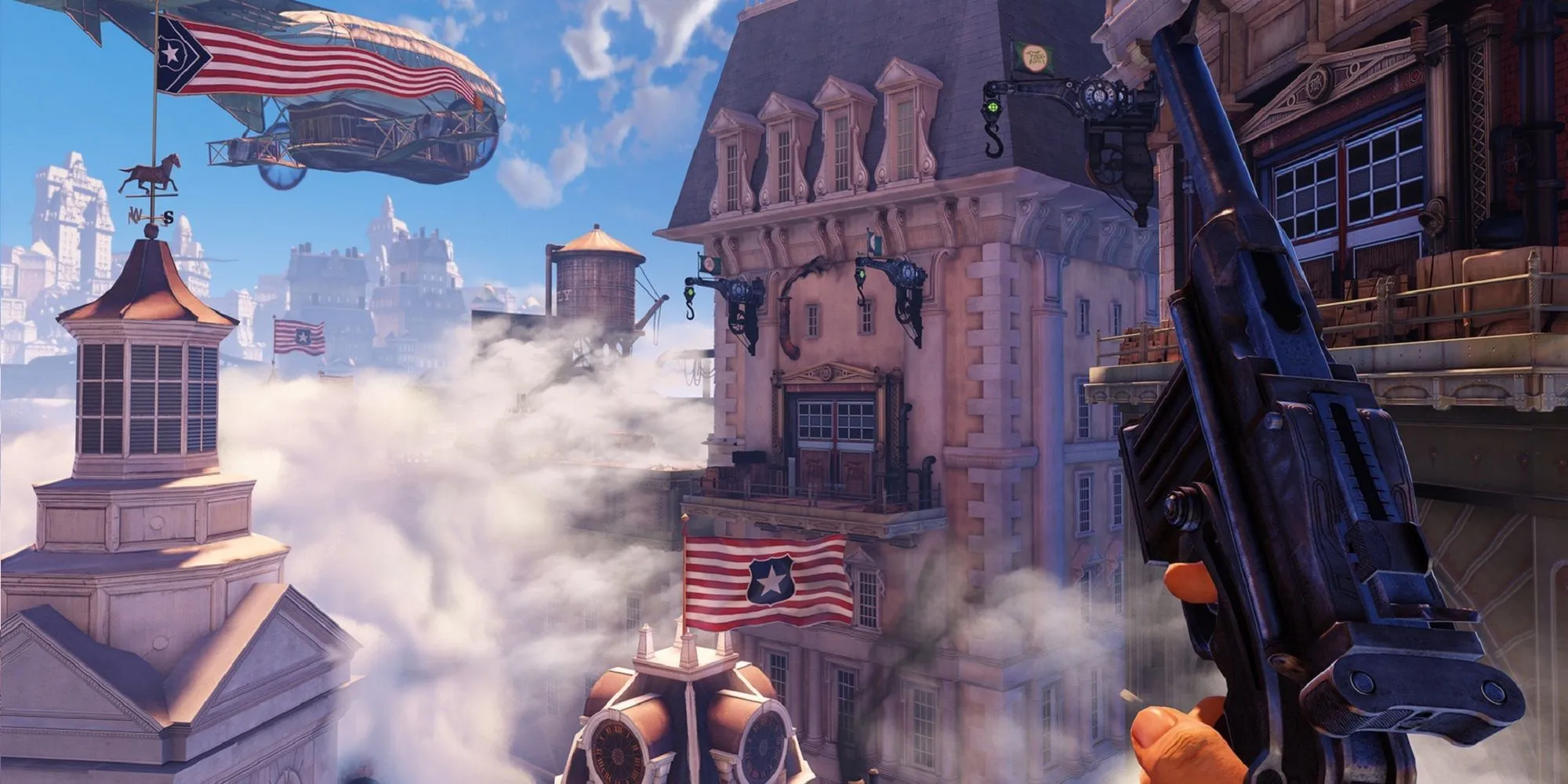 Thiết kế kiến trúc độc đáo trong BioShock Infinite, bối cảnh thành phố trên mây Columbia thể hiện chủ nghĩa ngoại lệ Mỹ