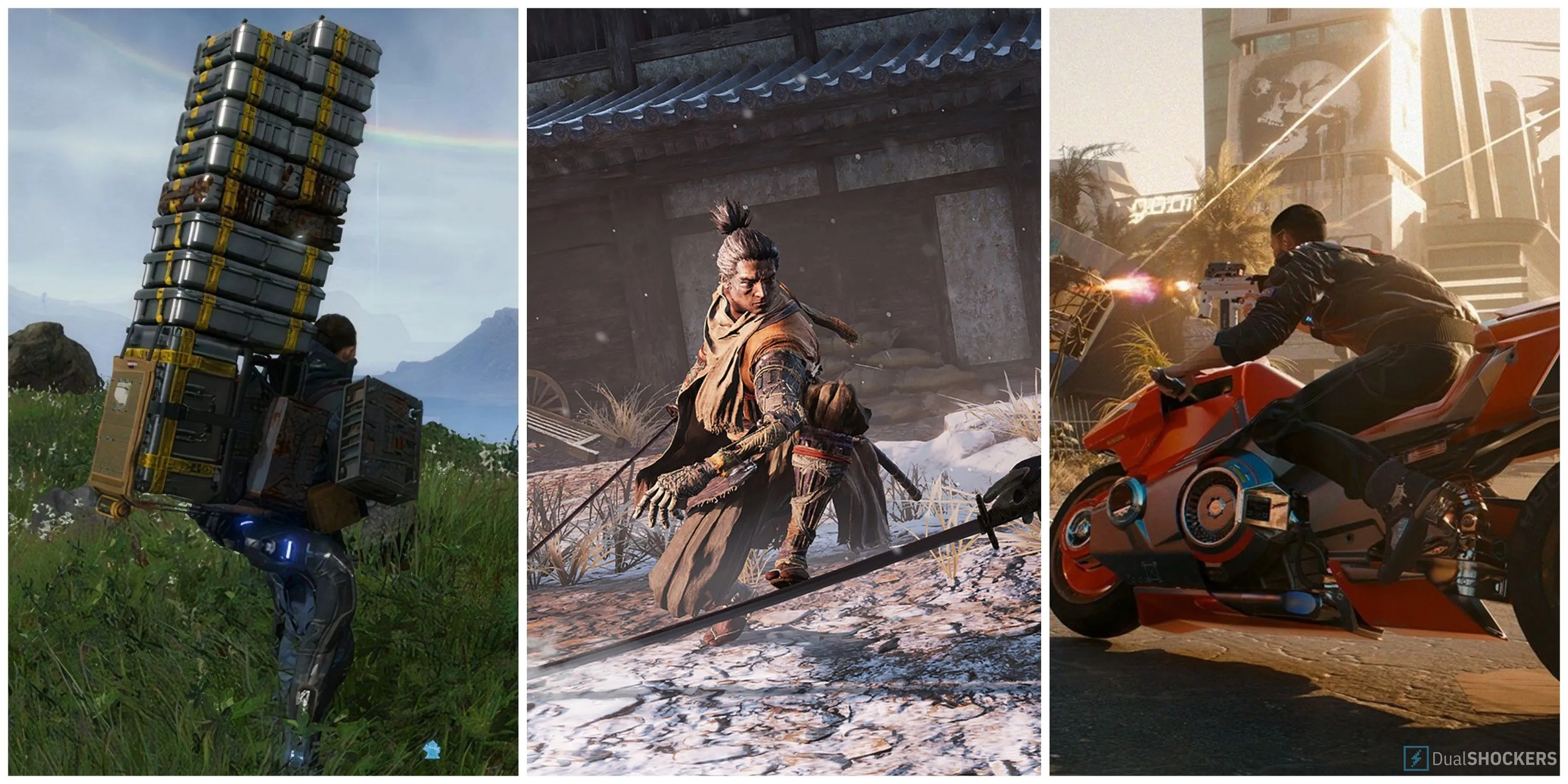 Tổng hợp hình ảnh các game gây tranh cãi như Death Stranding, Sekiro và Cyberpunk 2077.