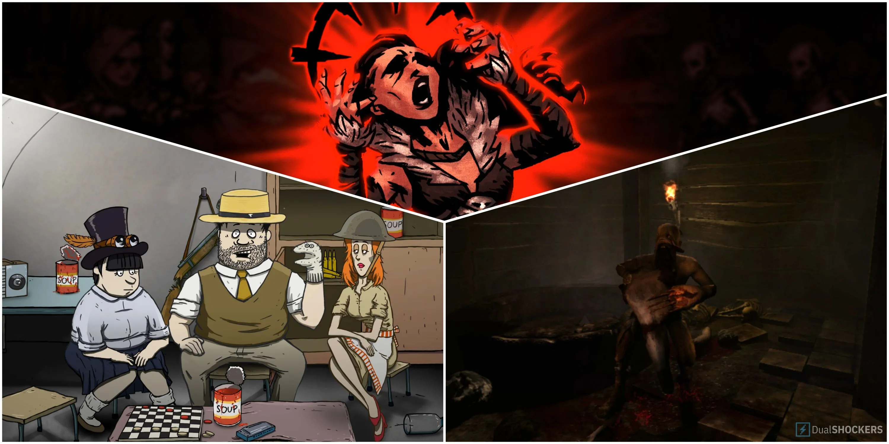 Tổng hợp hình ảnh từ Darkest Dungeon và Amnesia, các game sử dụng hệ thống Sanity