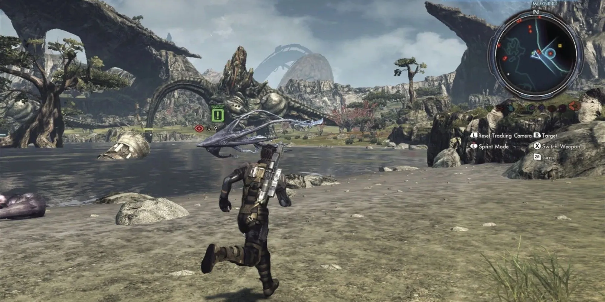 Trải nghiệm thế giới mở trong Xenoblade Chronicles X với nhân vật và Skell đứng trên vùng đất rộng lớn