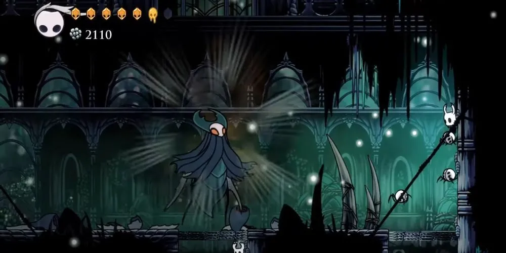 Trận đấu boss Mantis Traitor Lord với nhân vật chính trong Hollow Knight tại Queen's Garden