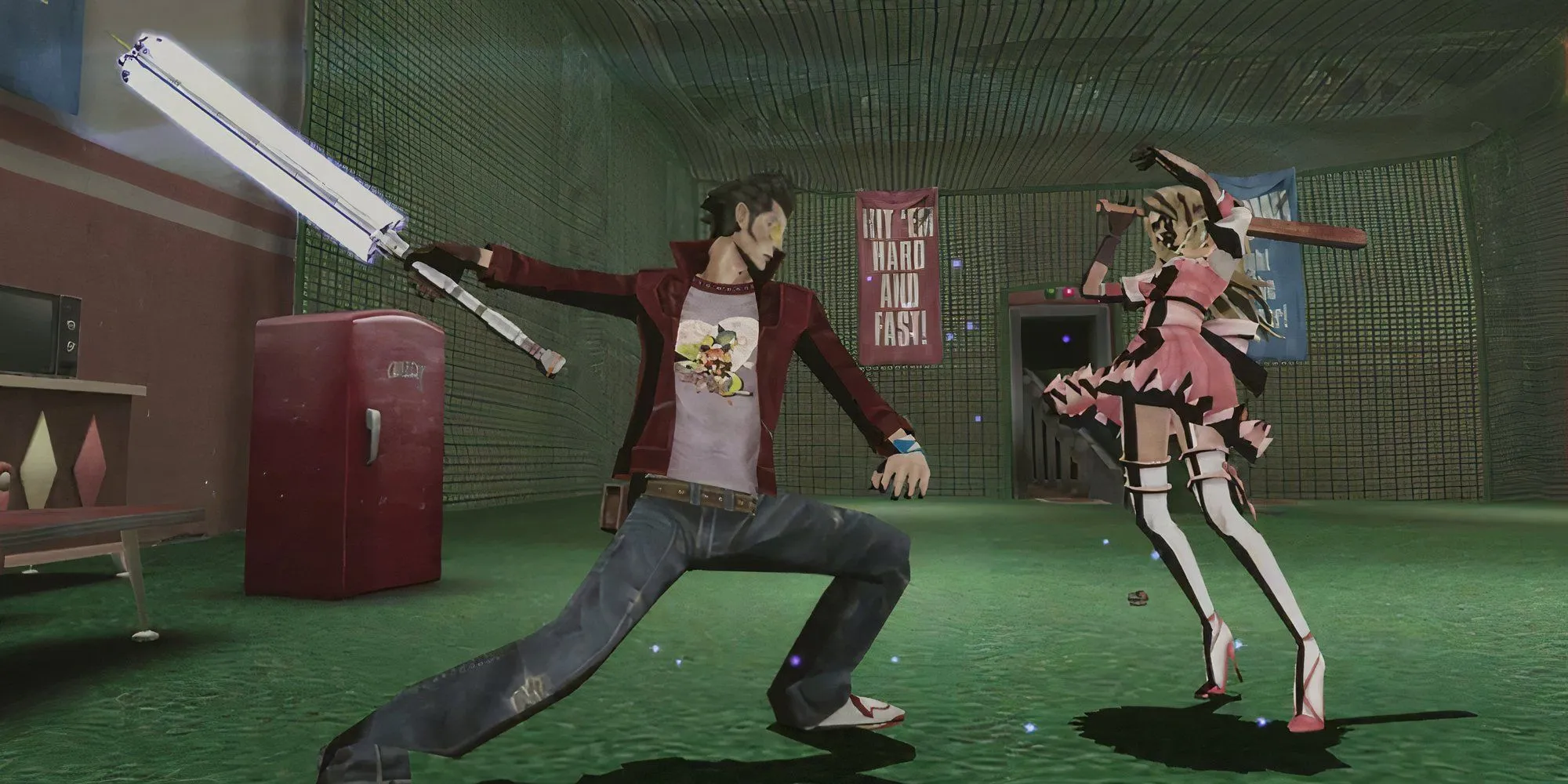 Travis Touchdown chiến đấu với sát thủ địch trong game hành động No More Heroes.