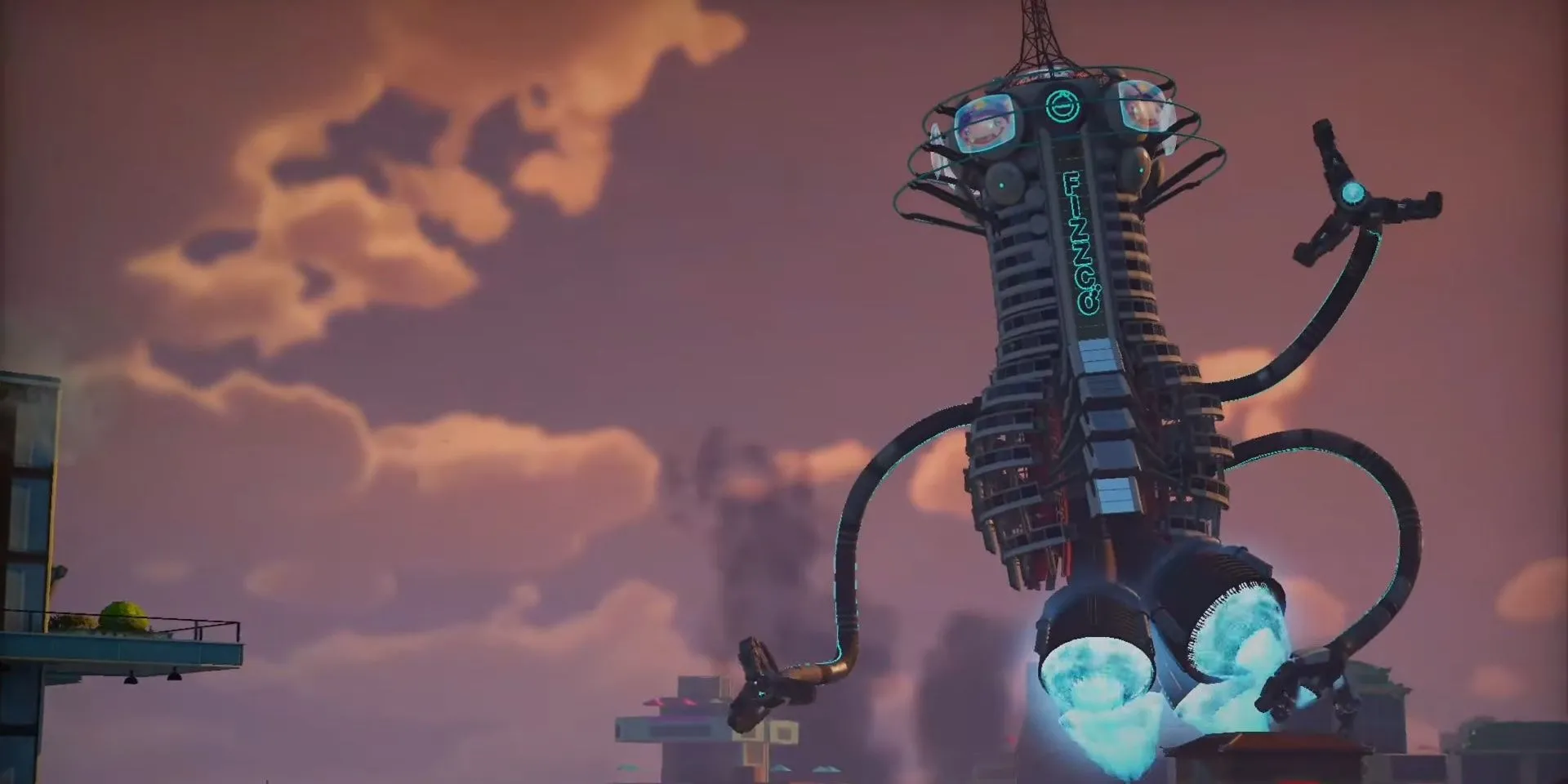 Trụ sở chính của FizzCo biến thành robot và bay đi trong Sunset Overdrive