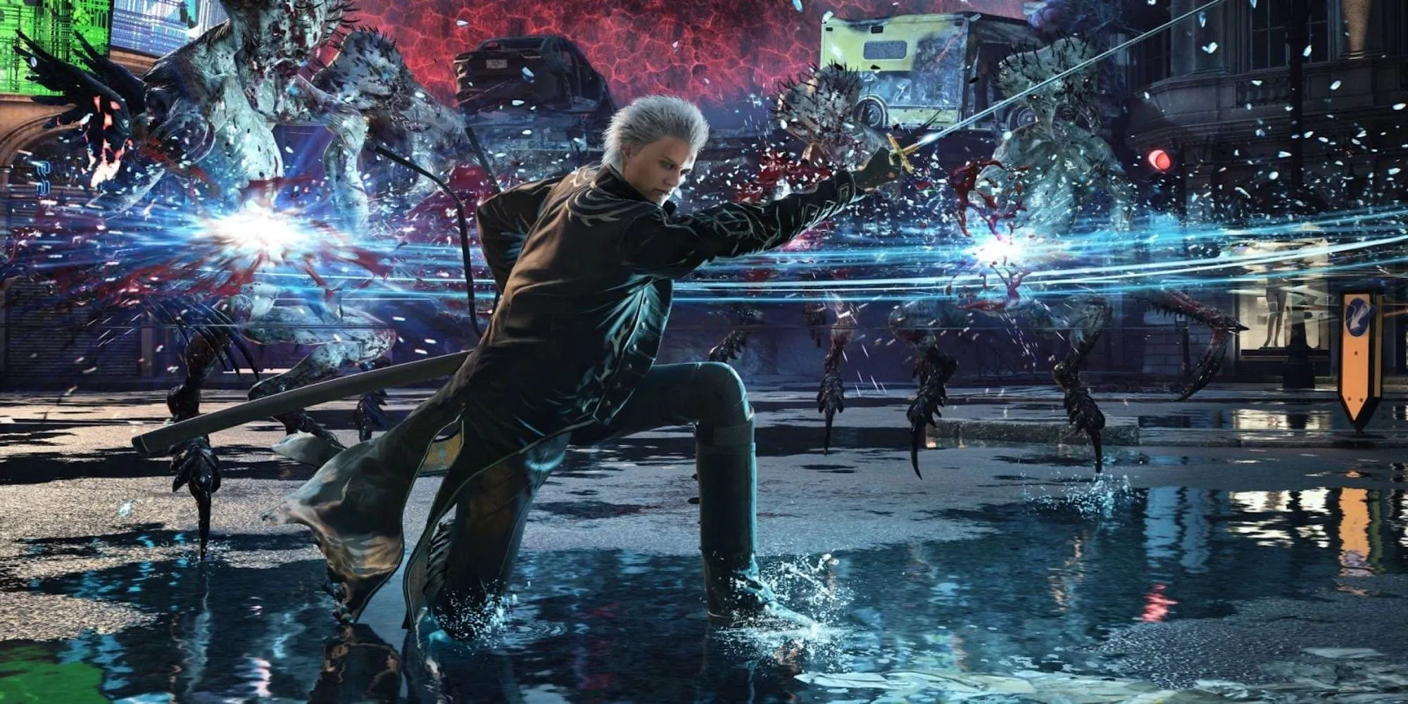 Vergil trong Devil May Cry 5 đang đứng nhìn xuống từ một vị trí cao